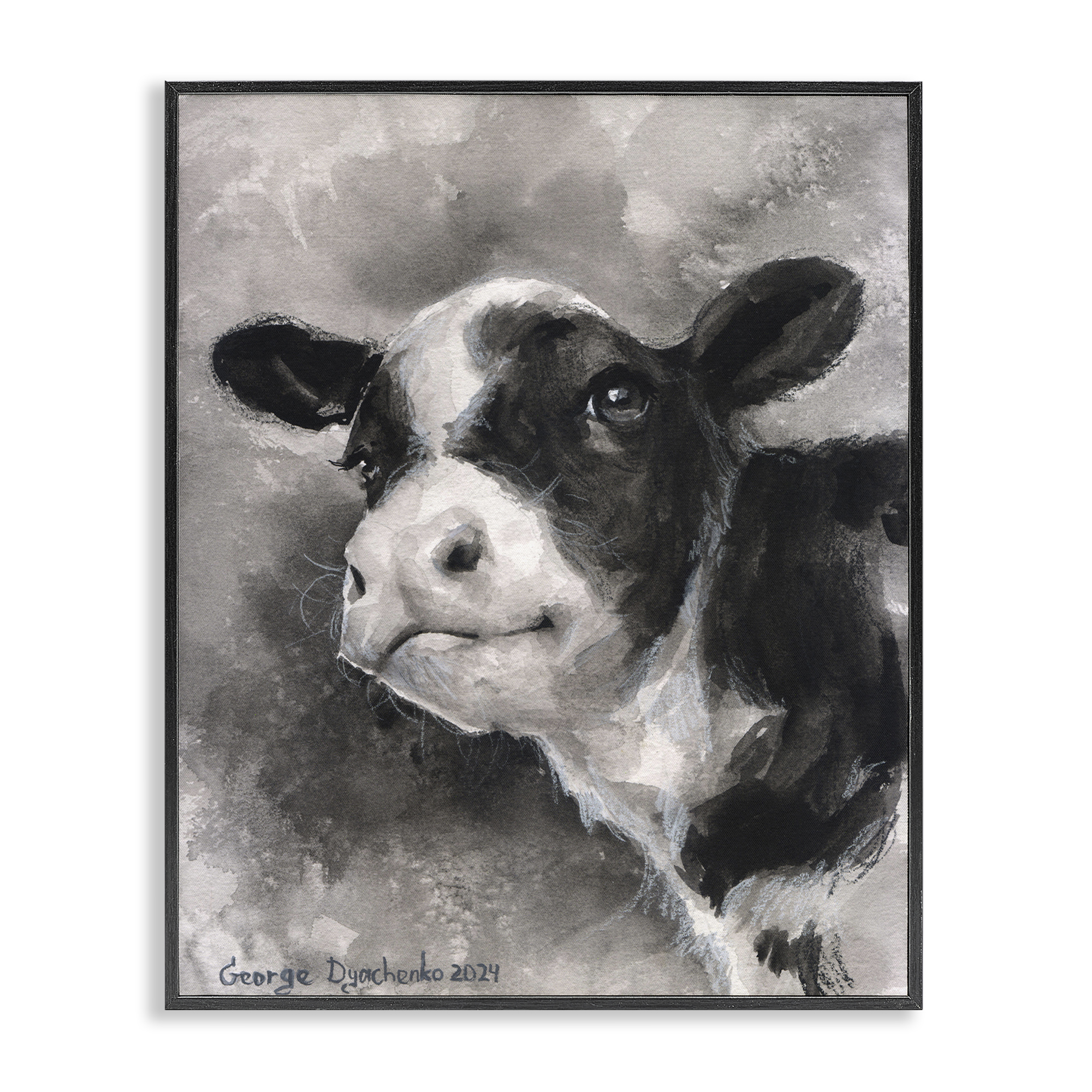 Stupell Industries Smiling Baby Calf Animals Drawing Black Framed Art Print Wall Art, 16 x 20