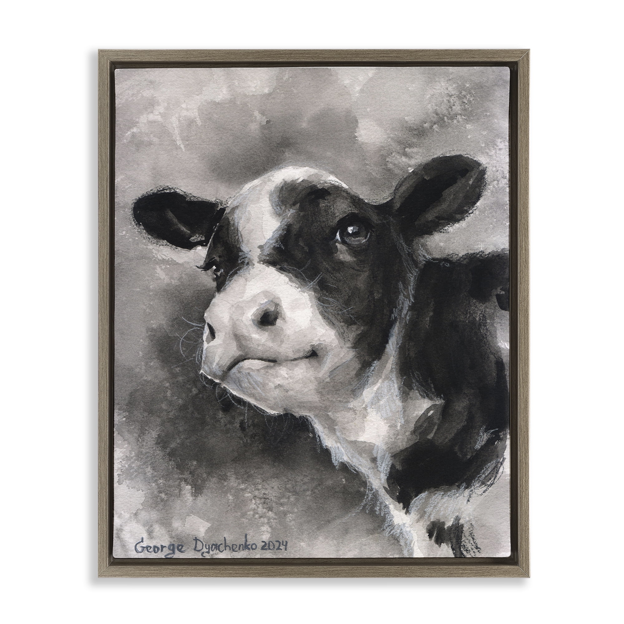 Stupell Industries Smiling Baby Calf Animals Drawing Brown Floater Framed Canvas Art Print Wall Art, 17 x 21