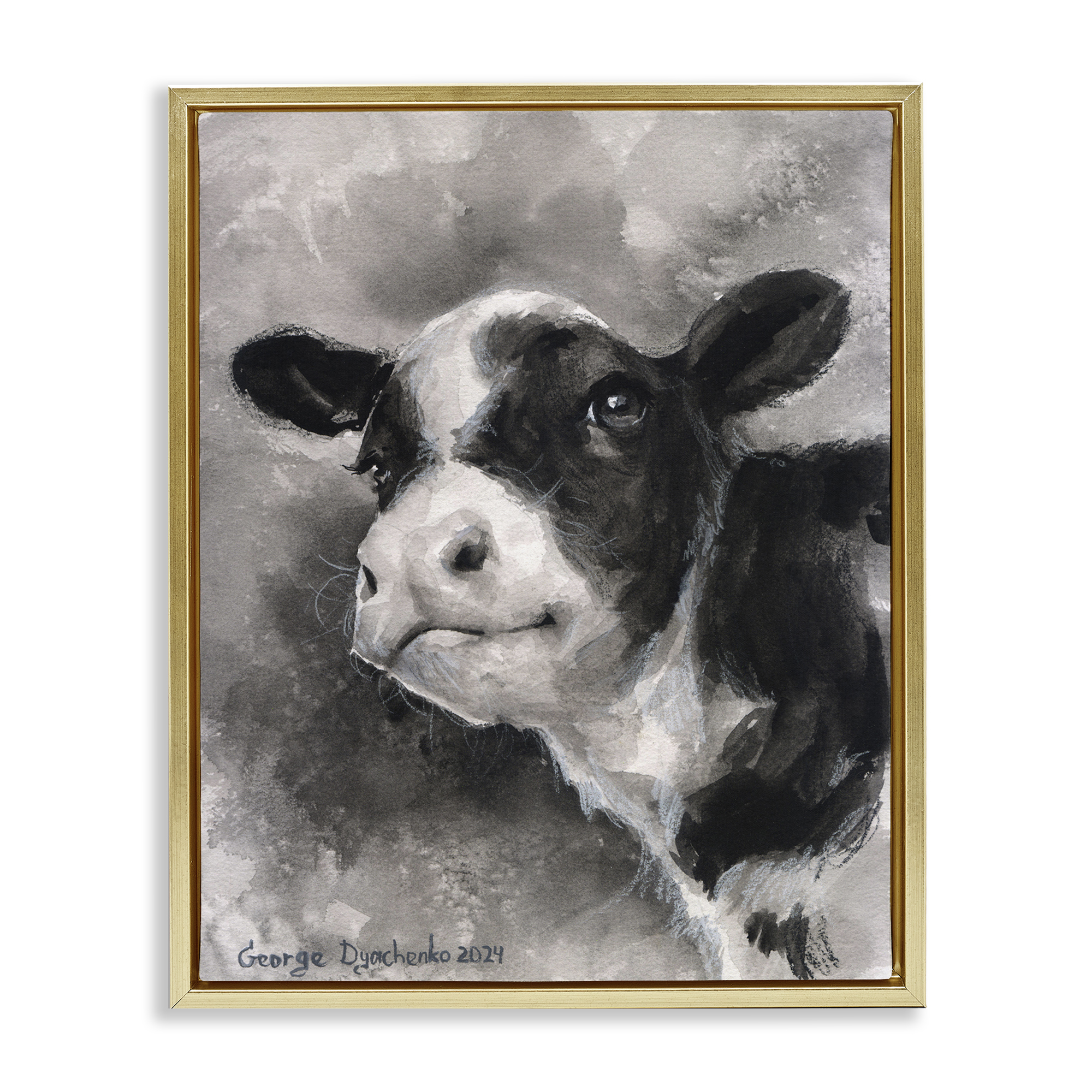 Stupell Industries Smiling Baby Calf Animals Drawing Gold Floater Framed Canvas Art Print Wall Art, 25 x 31