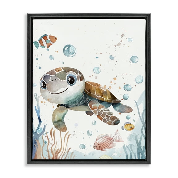Stupell Industries Smiling Baby Turtle Animals Painting Black Floater Framed Canvas Art Print Wall Art, 17 x 21