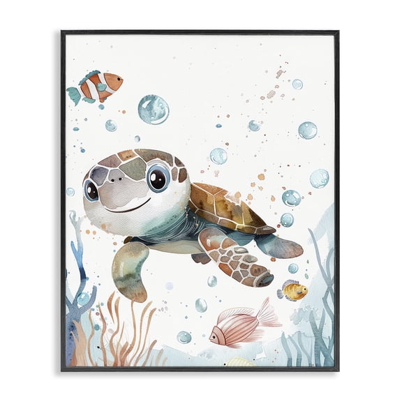 Stupell Industries Smiling Baby Turtle Animals Painting Black Framed Art Print Wall Art, 24 x 30