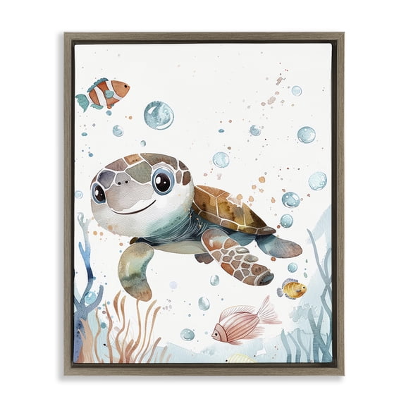 Stupell Industries Smiling Baby Turtle Animals Painting Brown Floater Framed Canvas Art Print Wall Art, 17 x 21