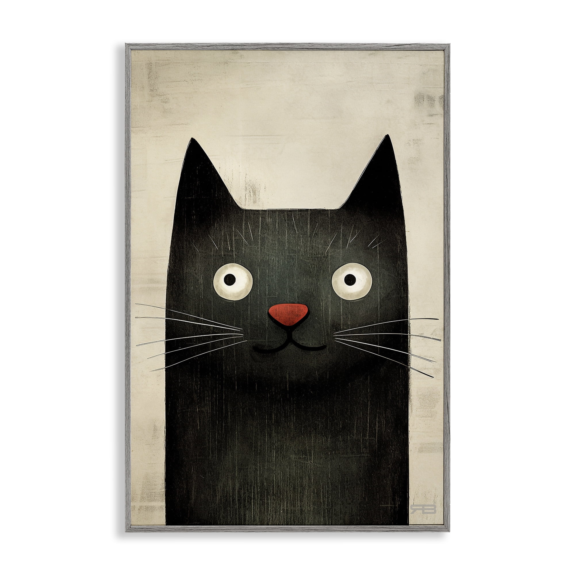 Stupell Industries Smiling Black Cat Animals & Insects Painting Gray Framed Art Print Wall Art, 20 x 30