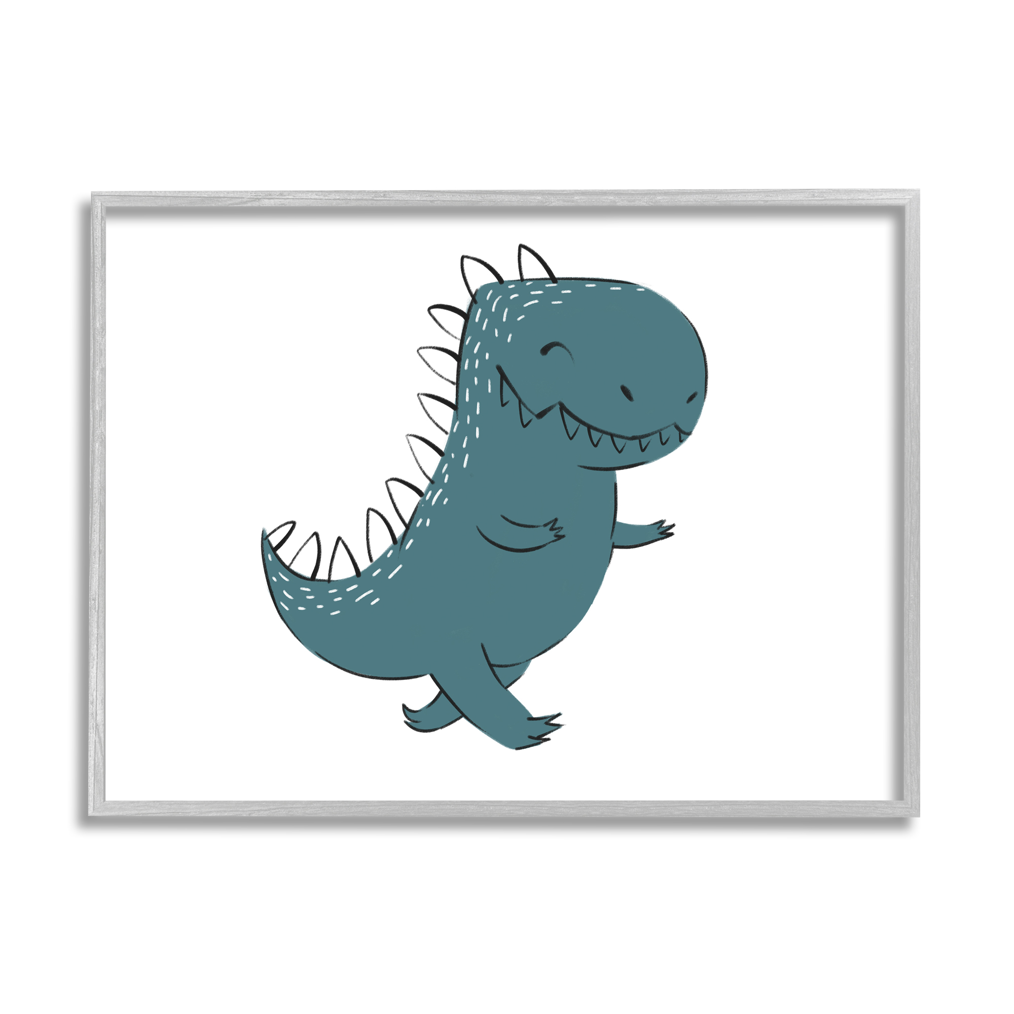 Stupell Industries Smiling Blue Dinosaur Happy Standing Kids' Reptile Animals & Insects Painting Gray Framed Art Print Wall Art, 11 x 14