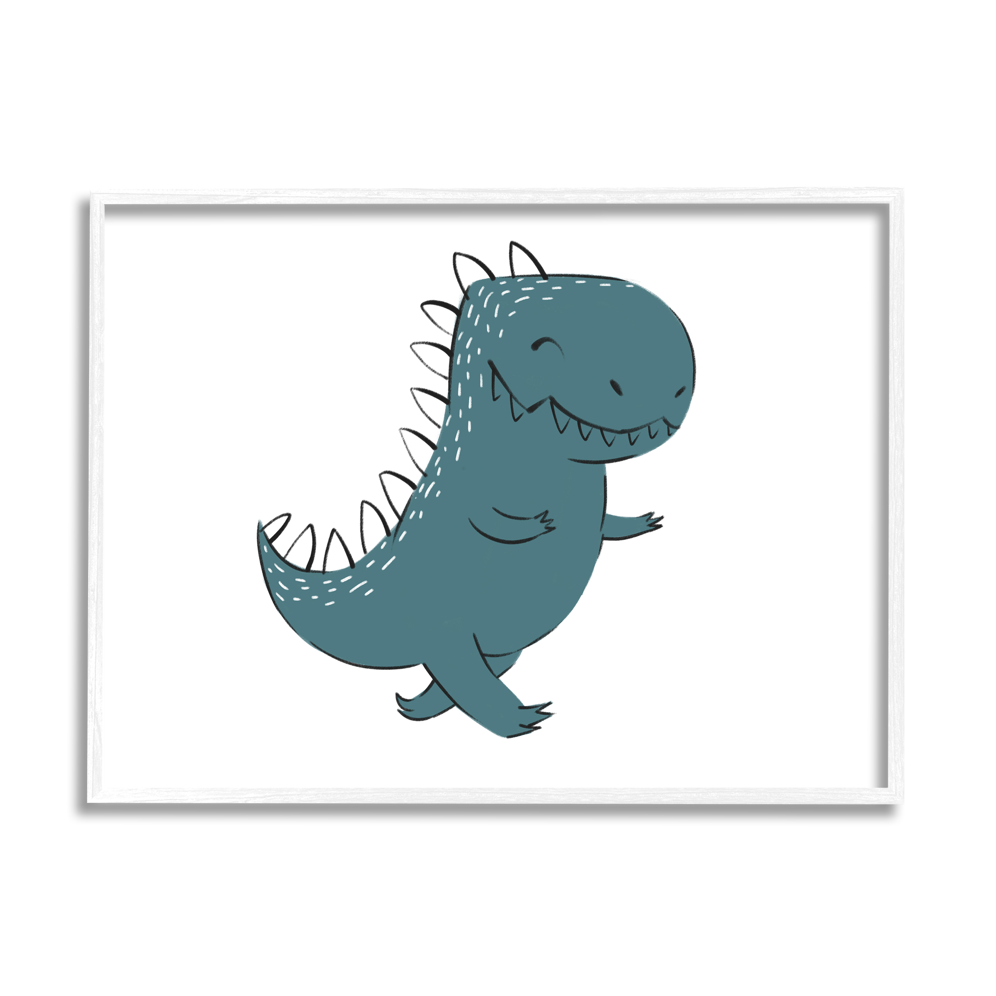 Stupell Industries Smiling Blue Dinosaur Happy Standing Kids' Reptile Animals & Insects Painting White Framed Art Print Wall Art, 11 x 14