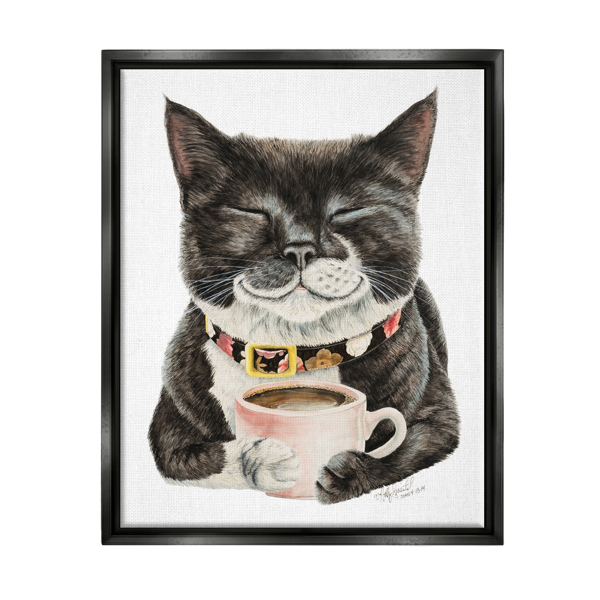 Smiling Cat with Coffee Mug Black Framed Art Print