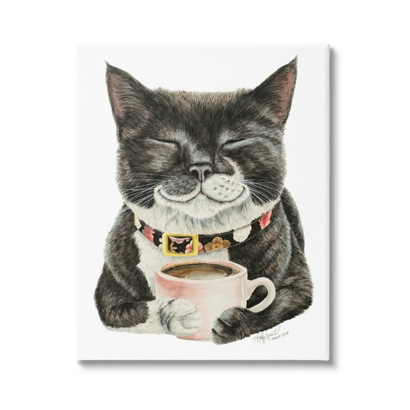 Stupell Industries Smiling Cat & Coffee Mug Animals & Insects Painting Gallery Wrapped Canvas Print Wall Art, 16 x 20