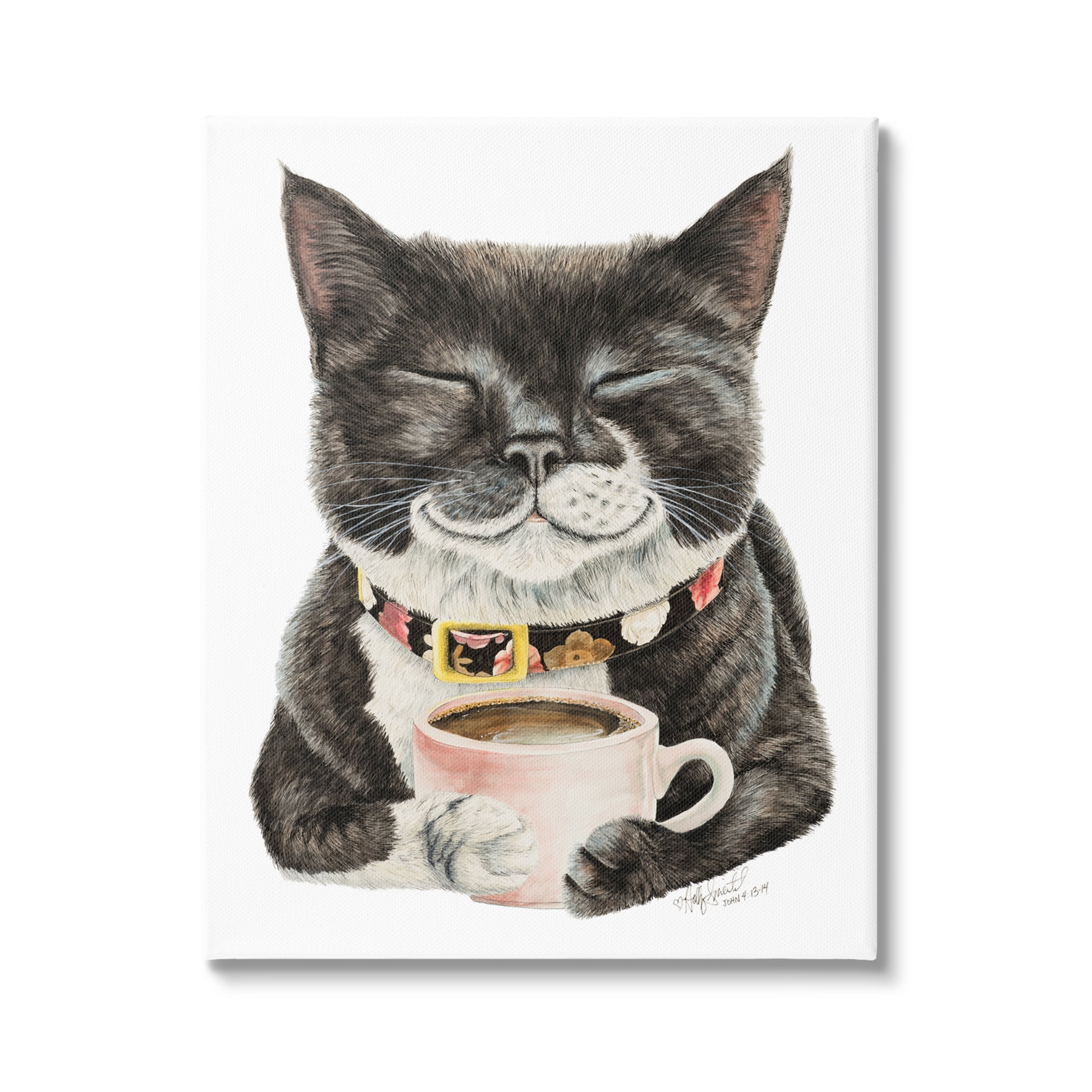 Stupell Industries Smiling Cat & Coffee Mug Animals & Insects Painting Gallery Wrapped Canvas Print Wall Art, 36 x 48