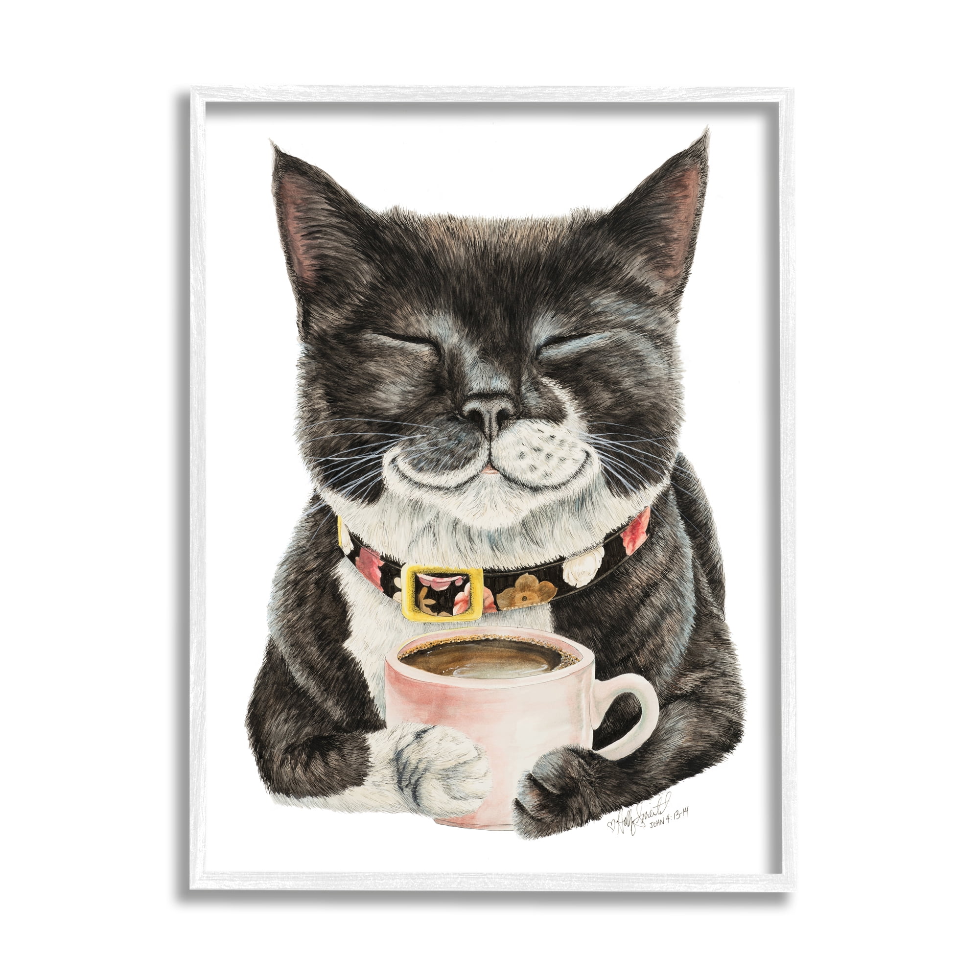 Stupell Industries Smiling Cat & Coffee Mug Animals & Insects Painting White Framed Art Print Wall Art, 24 x 30