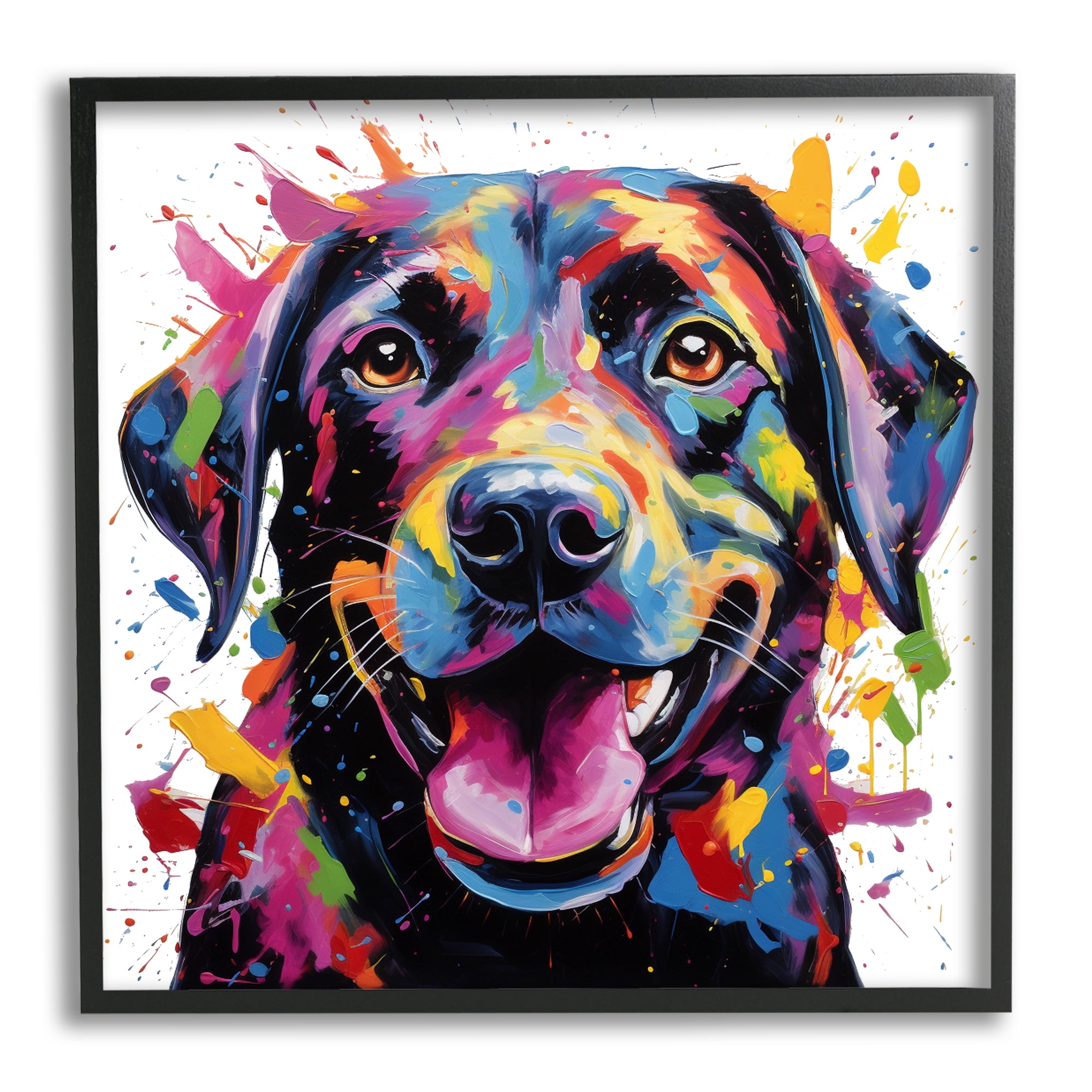 Stupell Industries Smiling Dog Modern Splatter Animals & Insects Painting Black Framed Art Print Wall Art, 24 x 24