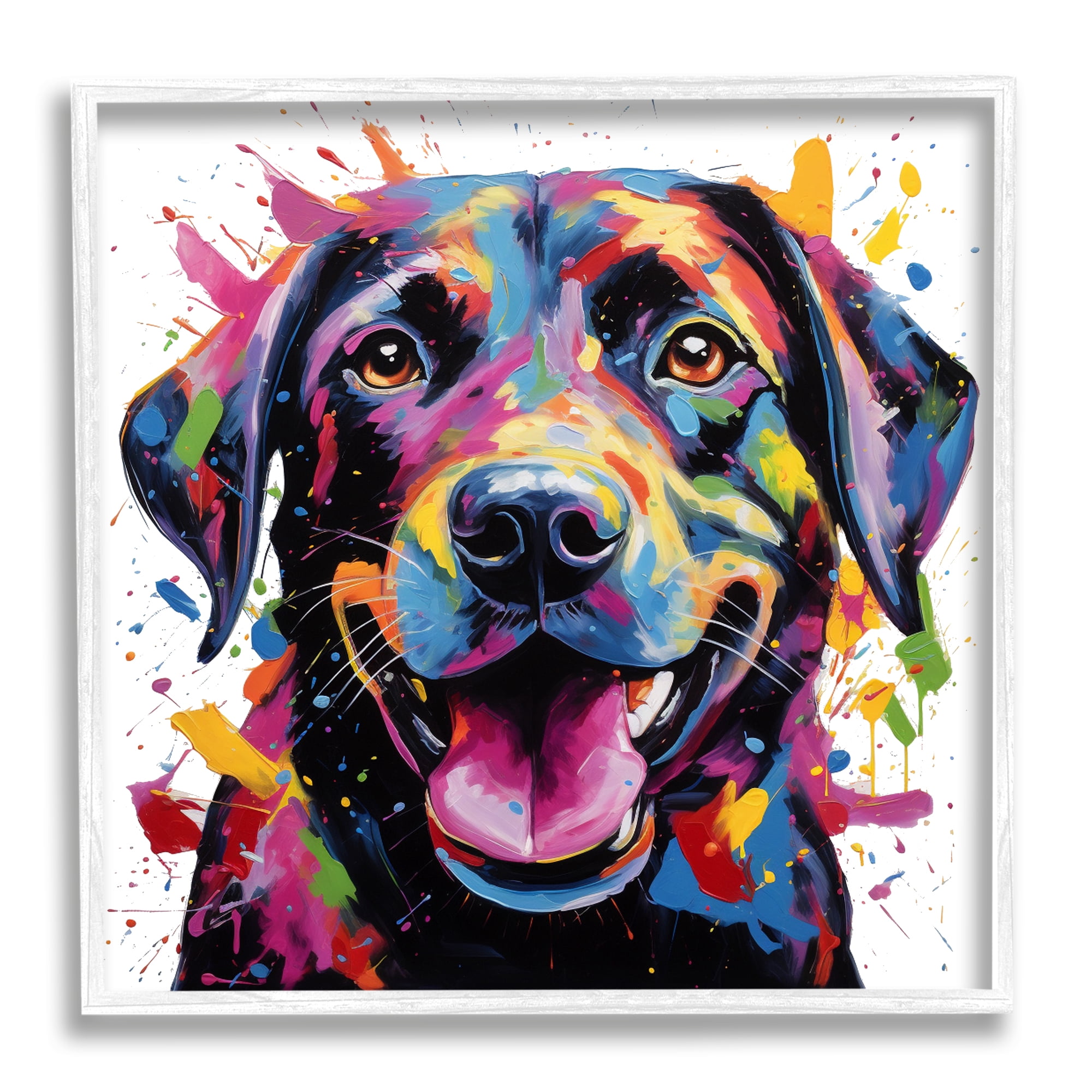 Stupell Industries Smiling Dog Modern Splatter Animals & Insects Painting White Framed Art Print Wall Art, 12 x 12