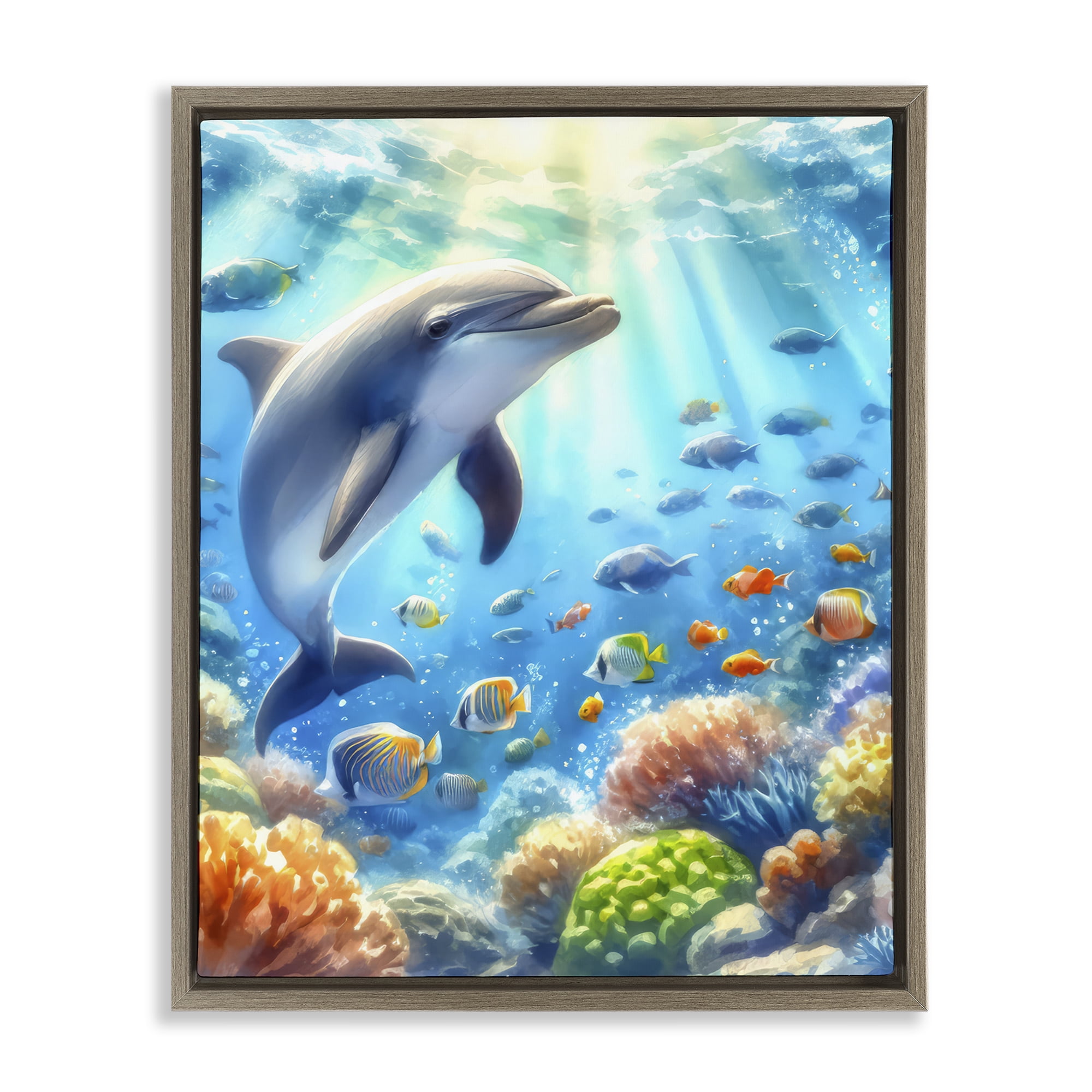 Stupell Industries Smiling Dolphin Under Sea Nautical & Beach Painting Brown Floater Framed Canvas Art Print Wall Art, 17 x 21