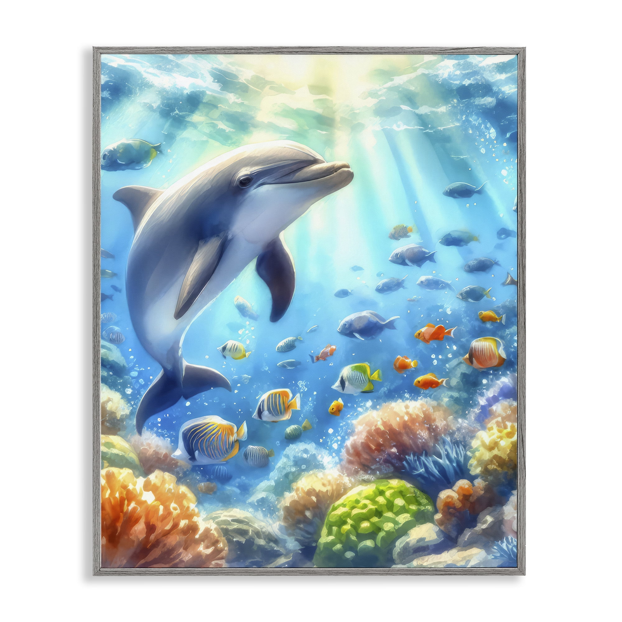 Stupell Industries Smiling Dolphin Under Sea Nautical & Beach Painting Gray Framed Art Print Wall Art, 16 x 20