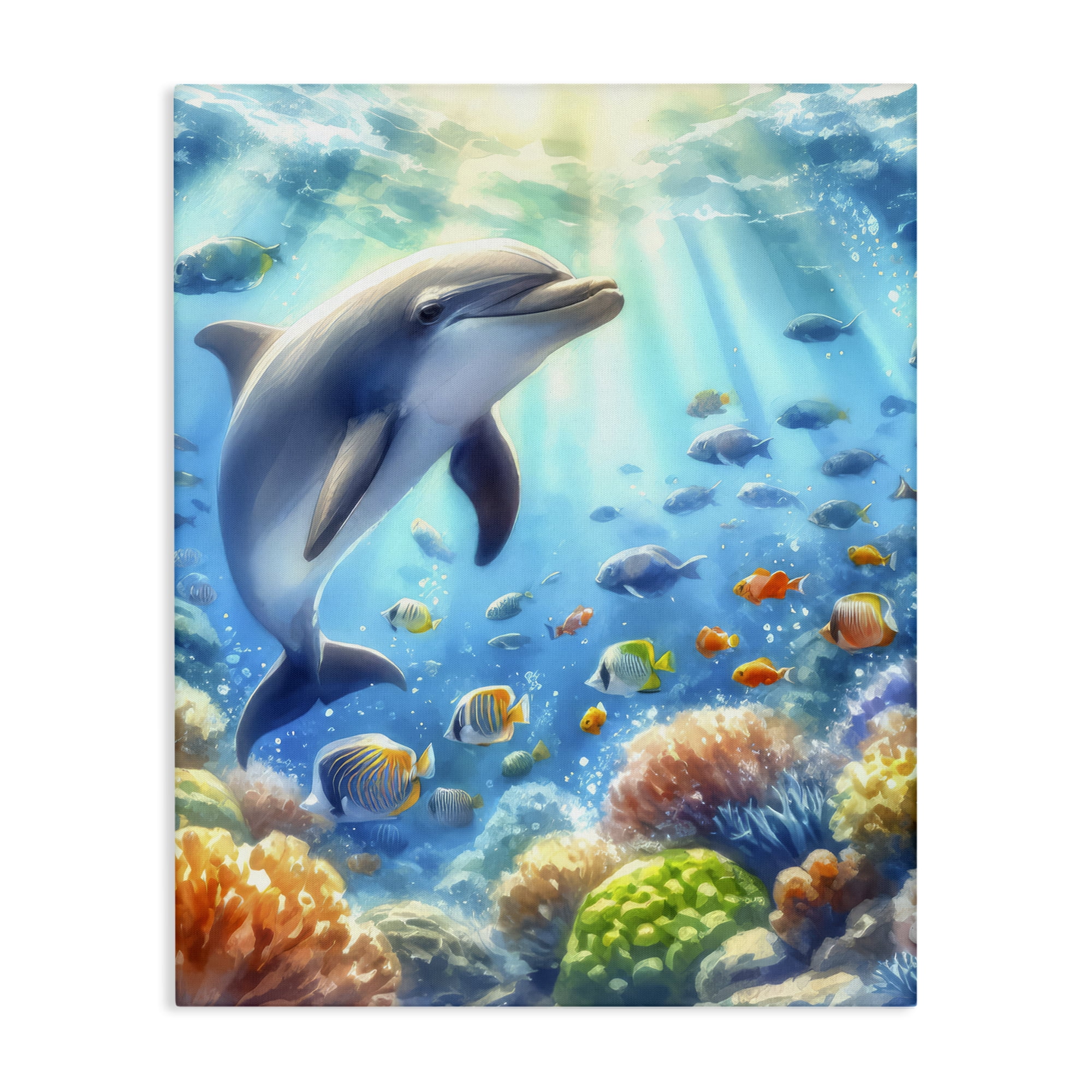 Stupell Industries Smiling Dolphin Under Sea Nautical & Beach Painting Wrapped Canvas Art Print Wall Art, 16 x 20