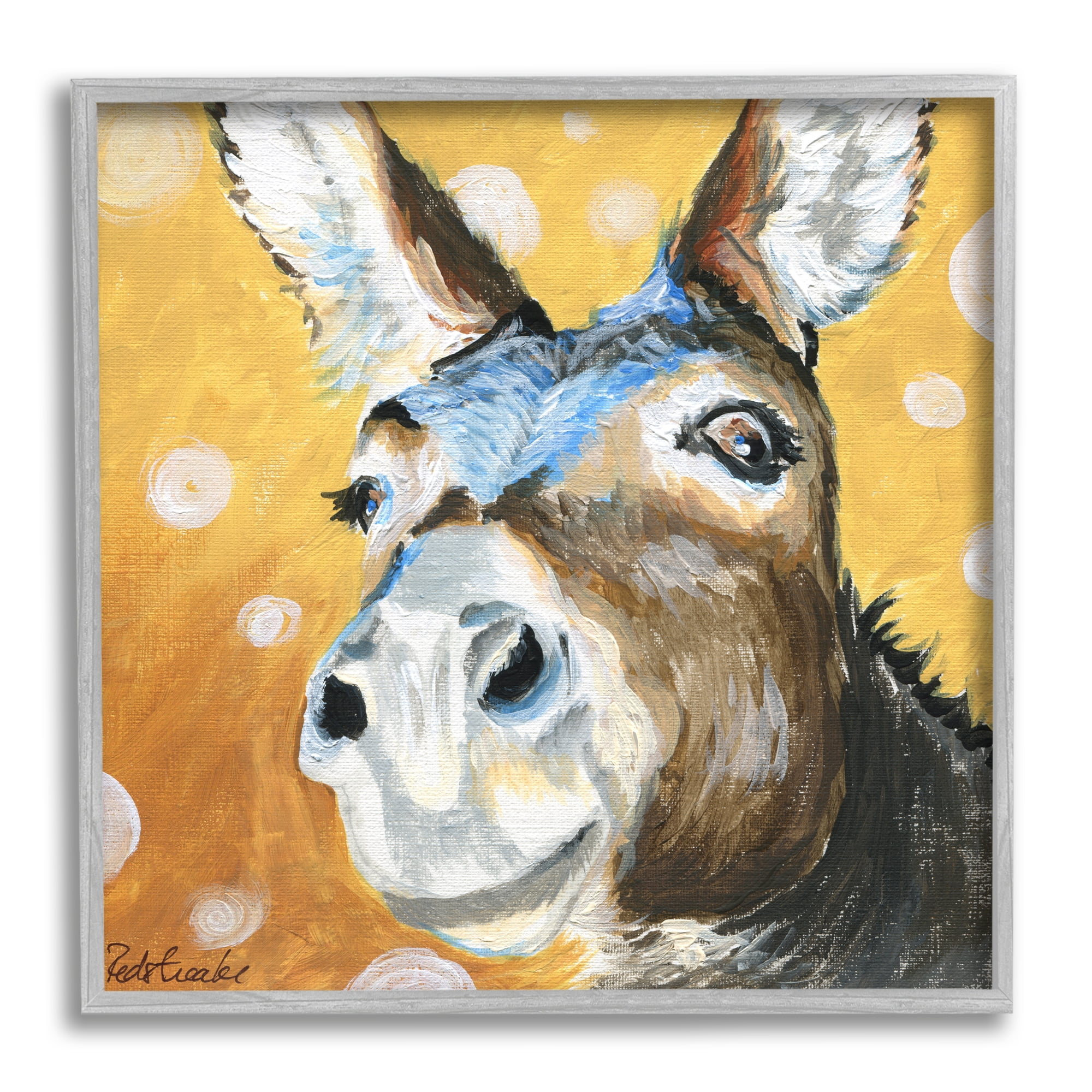 Stupell Industries Smiling Donkey Animal Painting Casual Circle Pattern Painting Gray Framed Art Print Wall Art, Design by Jennifer Redstreake