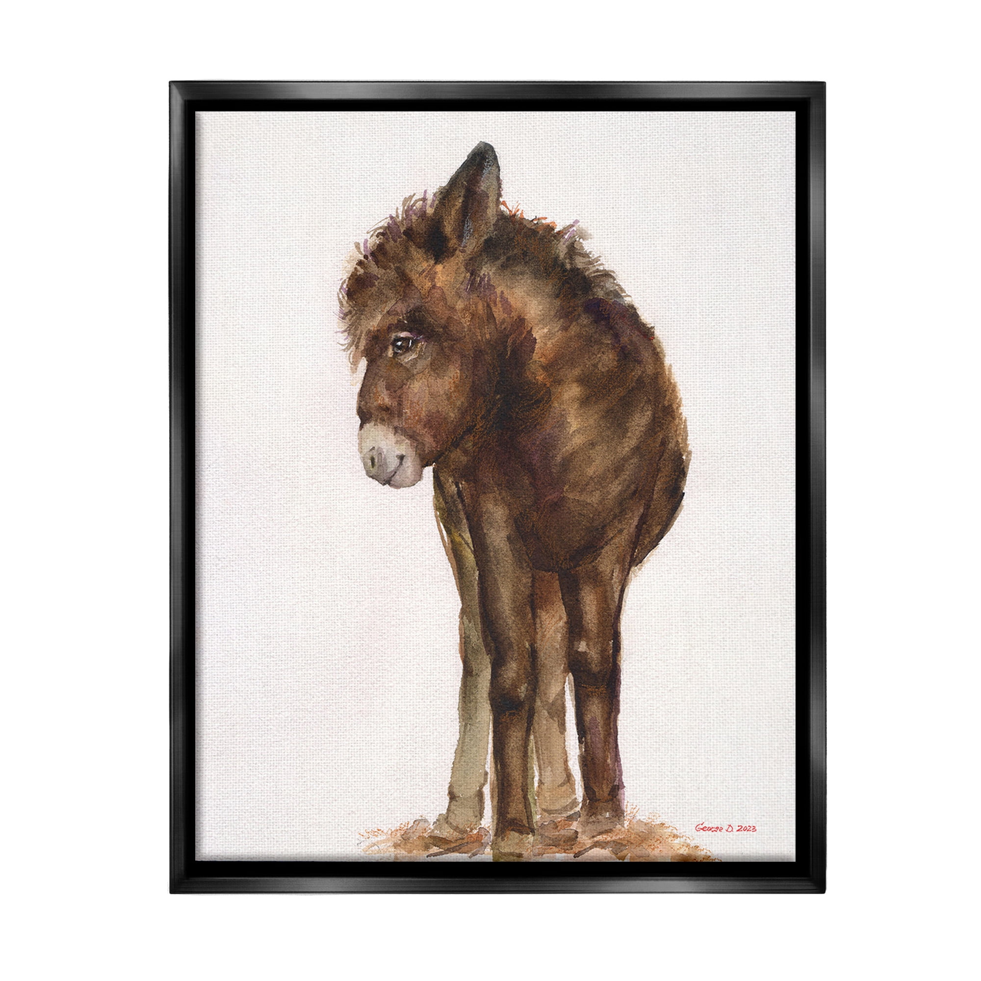 Stupell Industries Smiling Donkey Foal Animals & Insects Painting Black Floater Framed Canvas Art Print Wall Art, 17 x 21