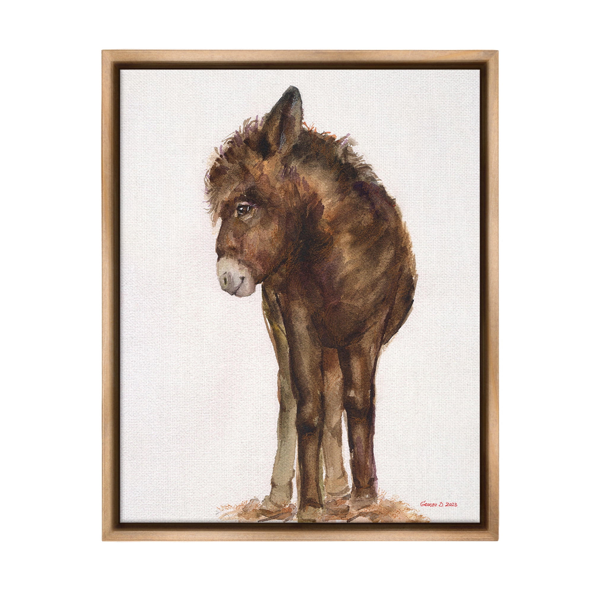 Stupell Industries Smiling Donkey Foal Animals & Insects Painting Brown Floater Framed Canvas Art Print Wall Art, 17 x 21