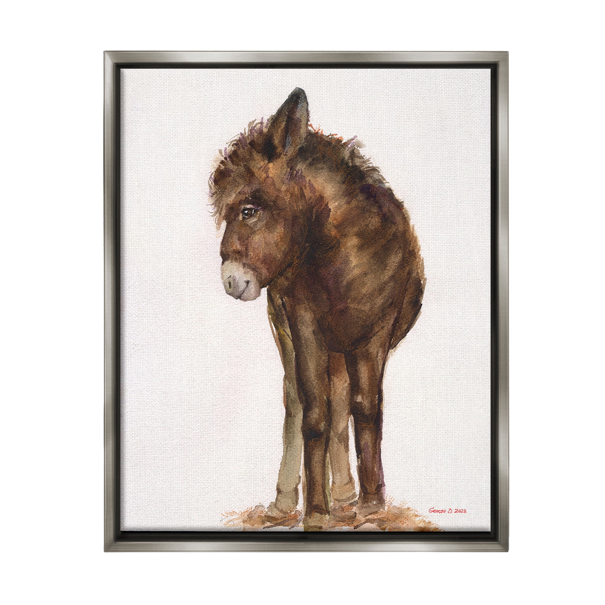 Stupell Industries Smiling Donkey Foal Animals & Insects Painting Gray Floater Framed Canvas Art Print Wall Art, 17 x 21