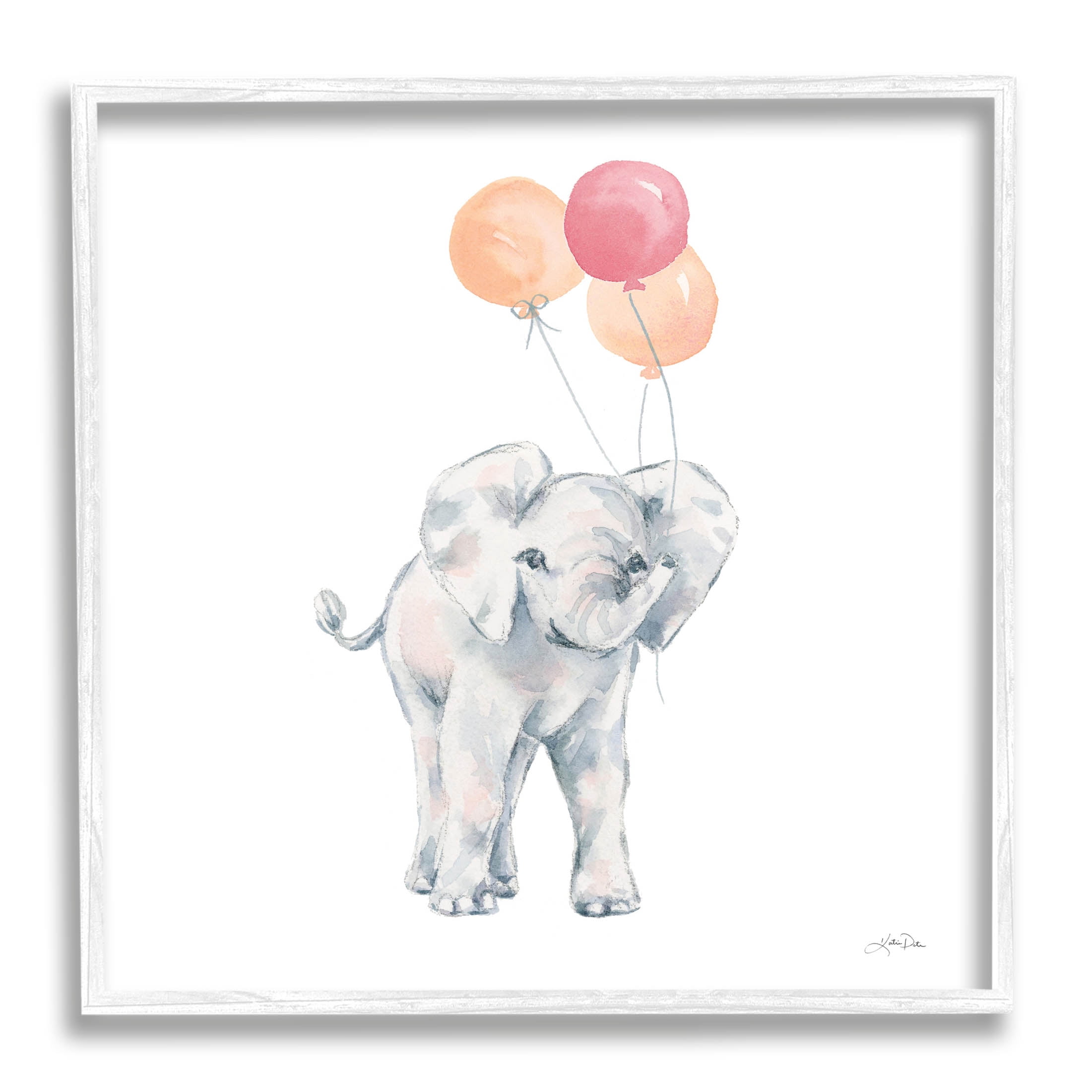 Stupell Industries Smiling Elephant Orange Balloons Graphic Art White Framed Art Print Wall Art, Design by Katina Pete