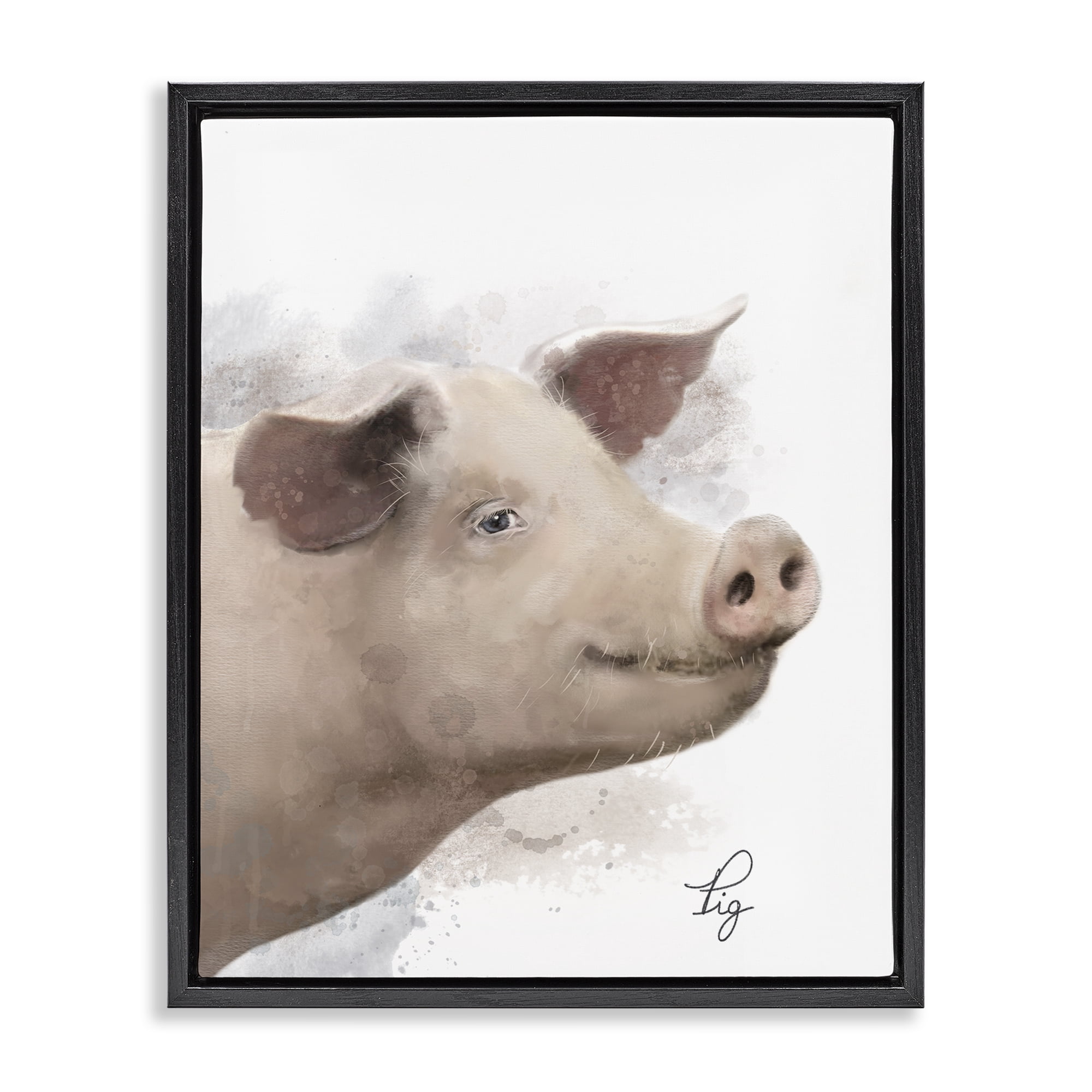 Stupell Industries Smiling Farm Pig Animals Painting Black Floater Framed Canvas Art Print Wall Art, 17 x 21