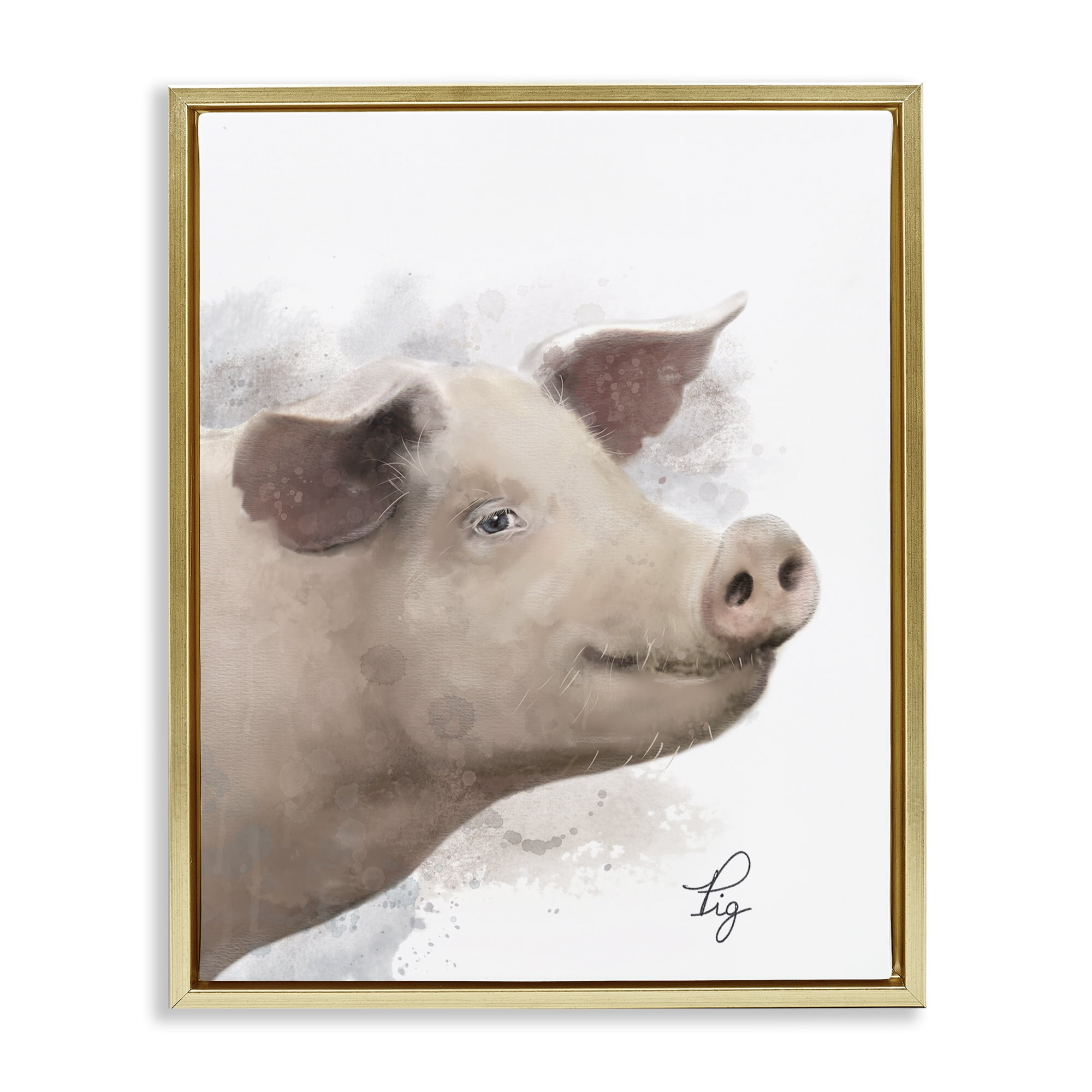 Stupell Industries Smiling Farm Pig Animals Painting Gold Floater Framed Canvas Art Print Wall Art, 25 x 31