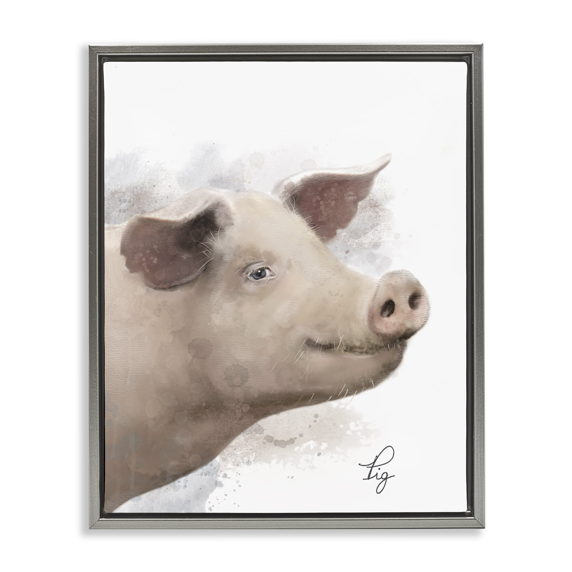 Stupell Industries Smiling Farm Pig Animals Painting Gray Floater Framed Canvas Art Print Wall Art, 17 x 21