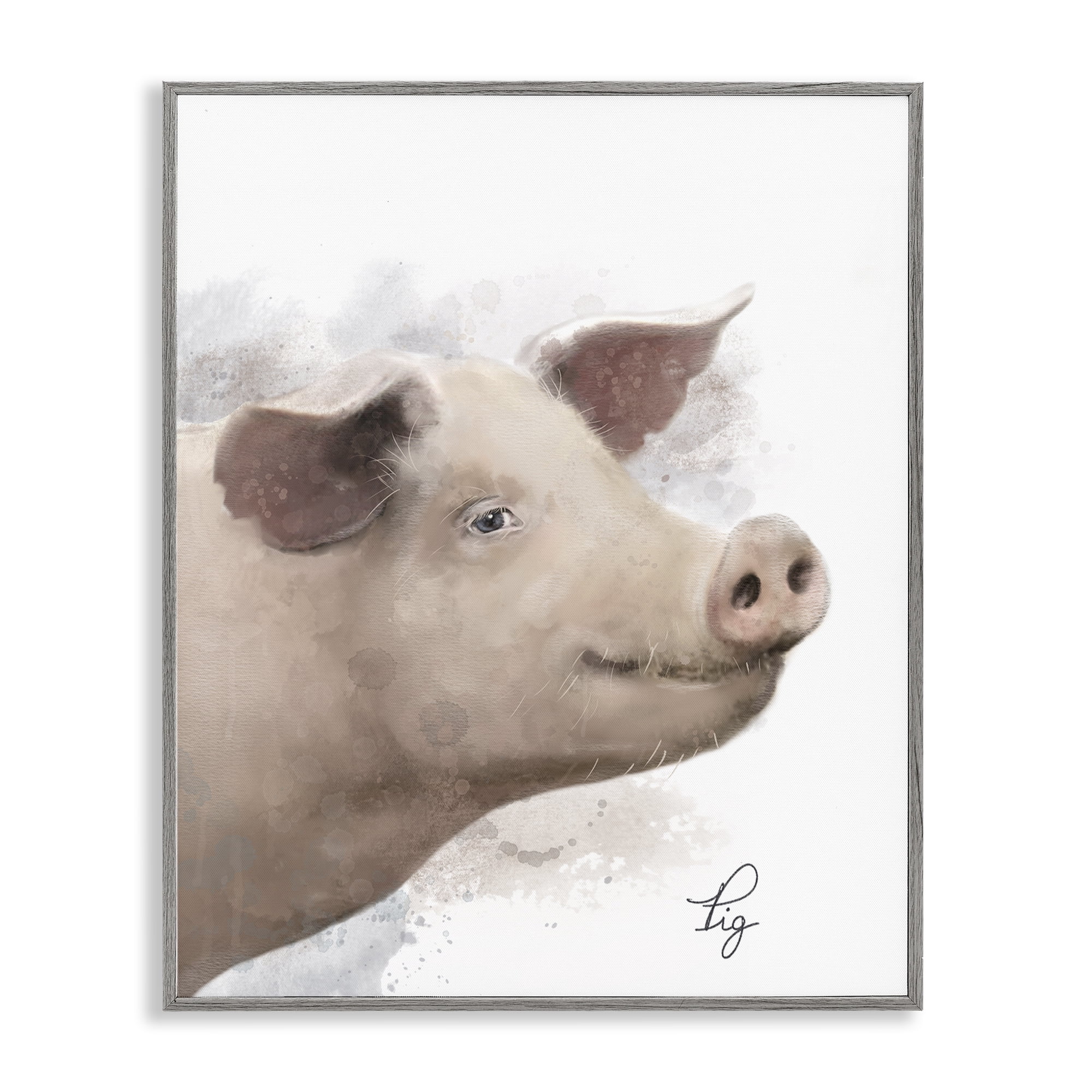 Stupell Industries Smiling Farm Pig Animals Painting Gray Framed Art Print Wall Art, 11 x 14
