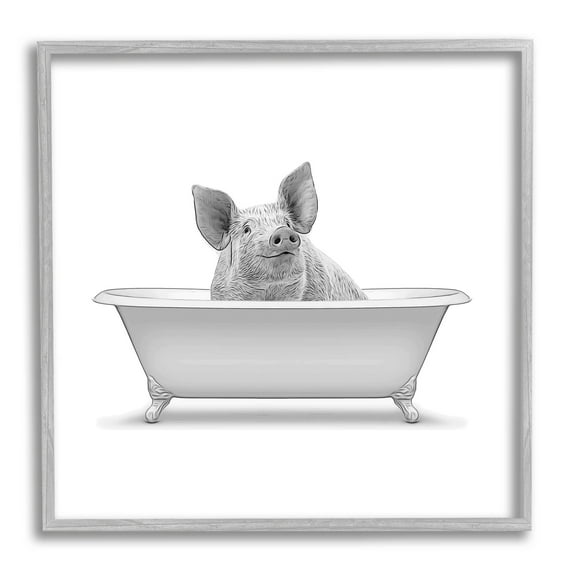 Stupell Industries Smiling Farm Pig Bathroom Tub Graphic Art Gray Framed Art Print Wall Art, Design by Annalisa Latella