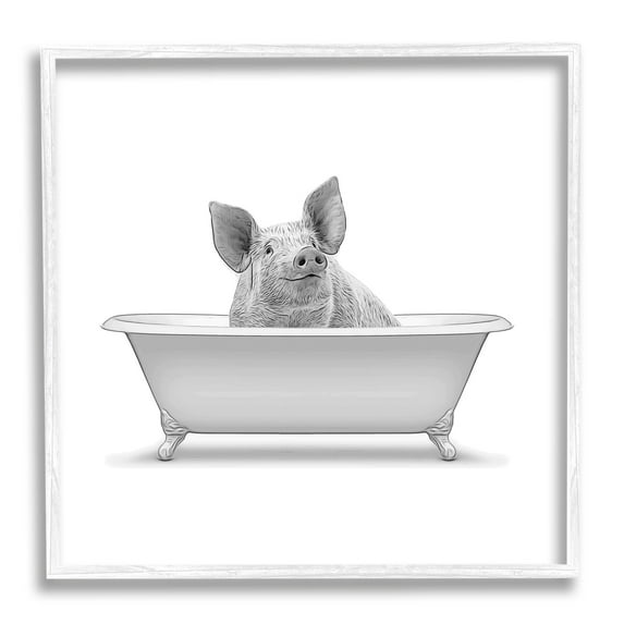 Stupell Industries Smiling Farm Pig Bathroom Tub Graphic Art White Framed Art Print Wall Art, Design by Annalisa Latella