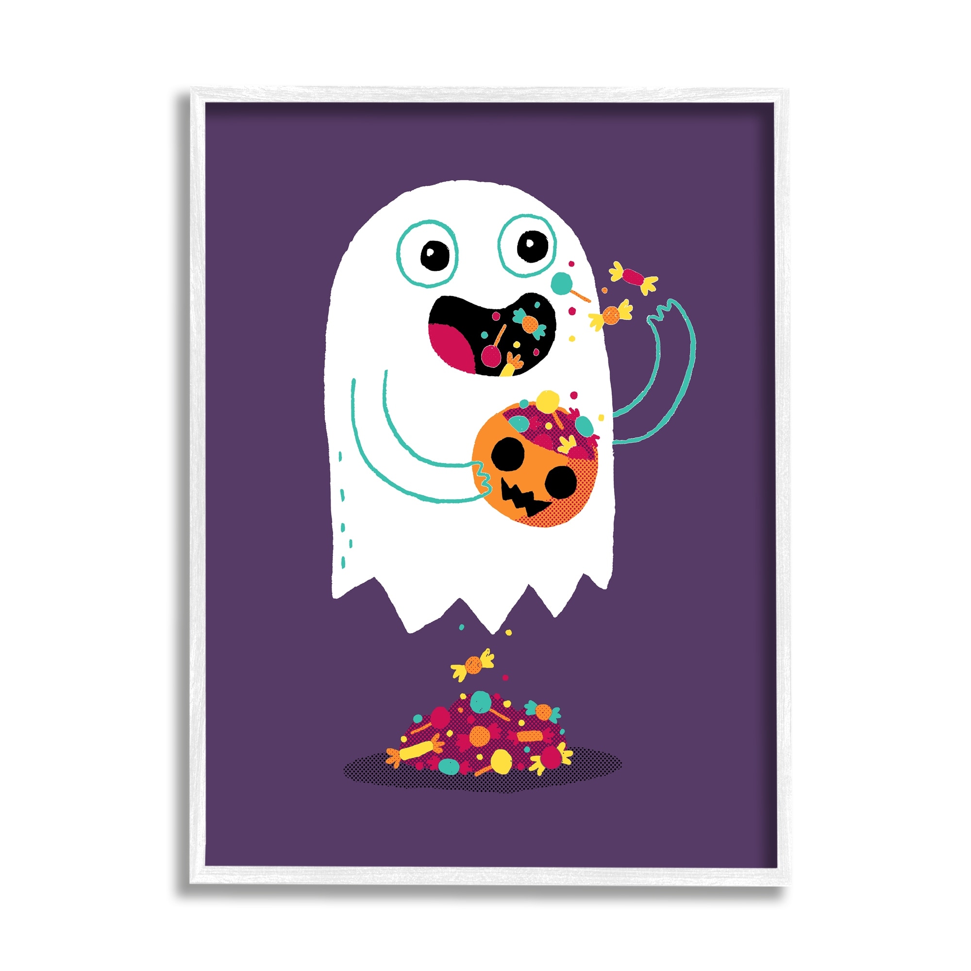 Stupell Industries Smiling Ghost Eating Halloween Candy Carved Pumpkin Framed Wall Art, 11 x 14, Design by Michael Buxton