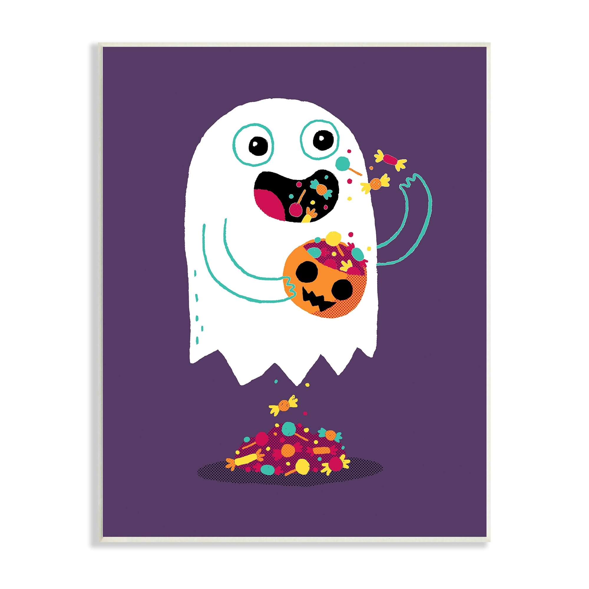 Stupell Industries Smiling Ghost Eating Halloween Candy Carved Pumpkin Wood Wall Art, 13 x 19, Design by Michael Buxton