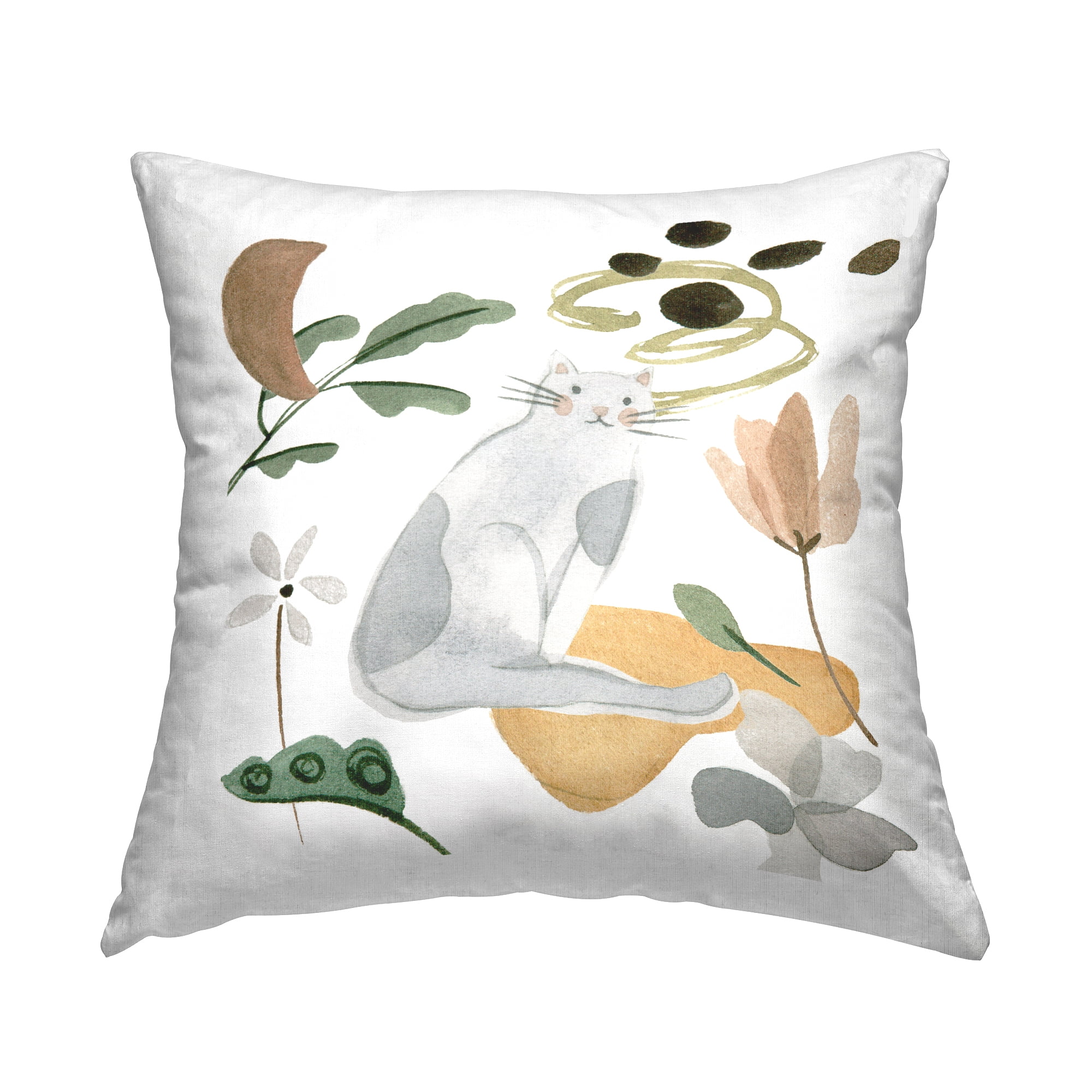 Stupell Industries Smiling Gray Cat Minimal Flower Sprigs Design by Melissa Wang Throw Pillow