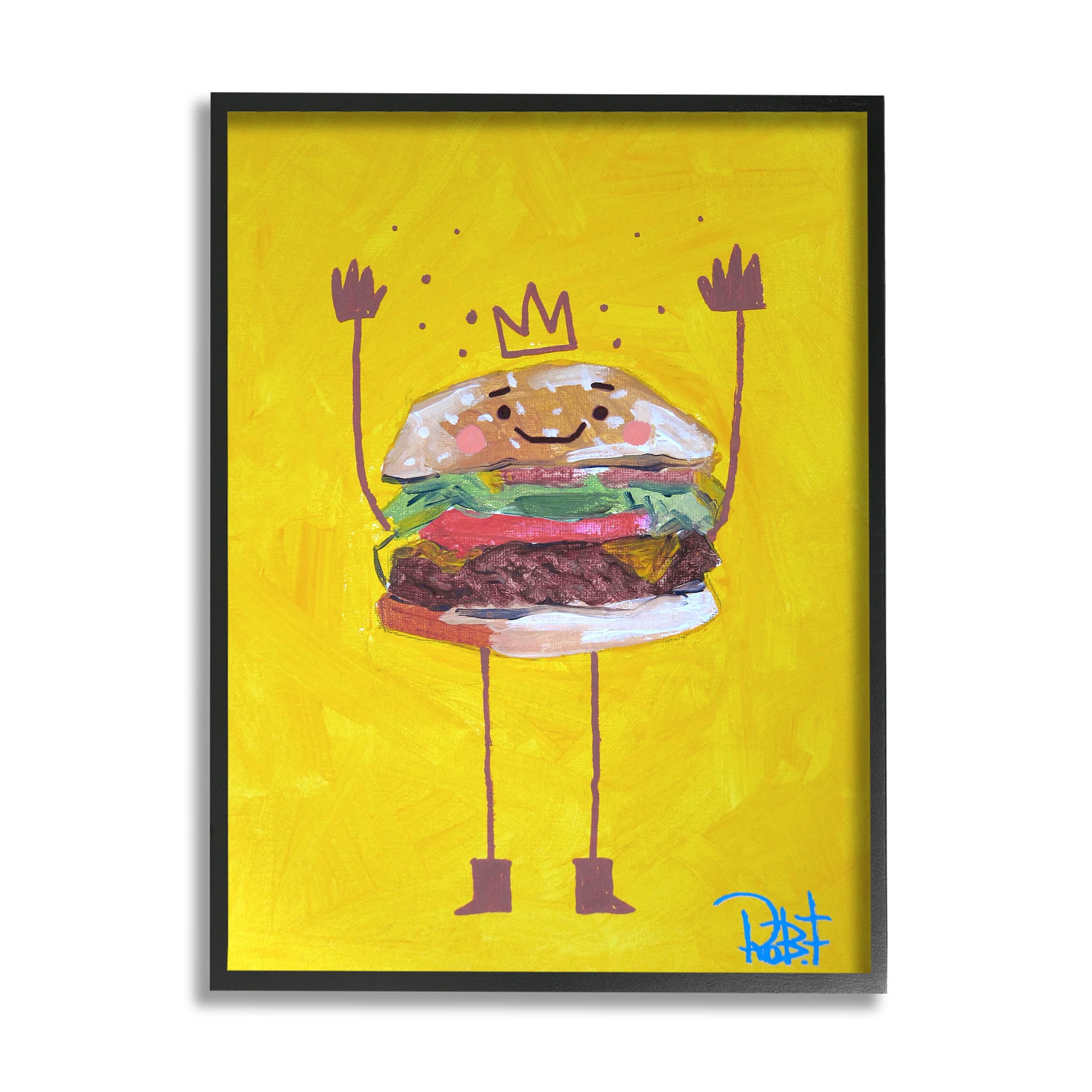 Stupell Industries Smiling Hamburger Crown Food Character Painting Black Framed Art Print Wall Art, Design by Robert Filiuta