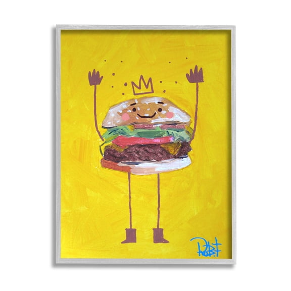 Stupell Industries Smiling Hamburger Crown Food Character Painting Gray Framed Art Print Wall Art, Design by Robert Filiuta