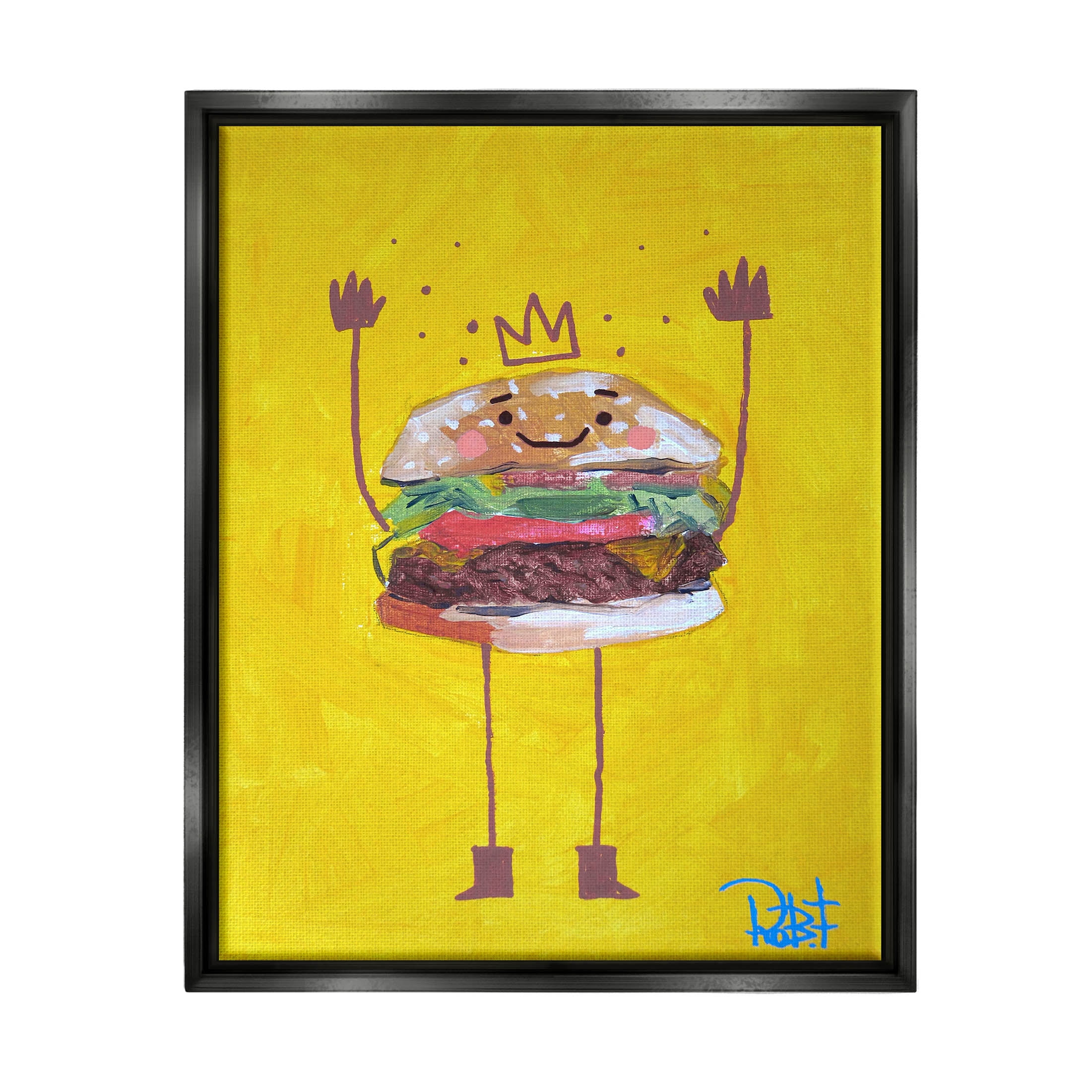 Stupell Industries Smiling Hamburger Crown Food Character Painting Jet Black Floating Framed Canvas Print Wall Art, Design by Robert Filiuta