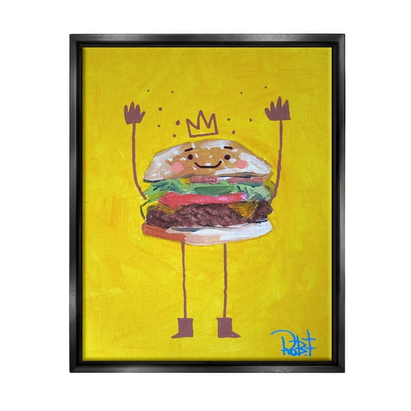 Stupell Industries Smiling Hamburger Crown Food Character Painting Jet Black Floating Framed Canvas Print Wall Art, Design by Robert Filiuta
