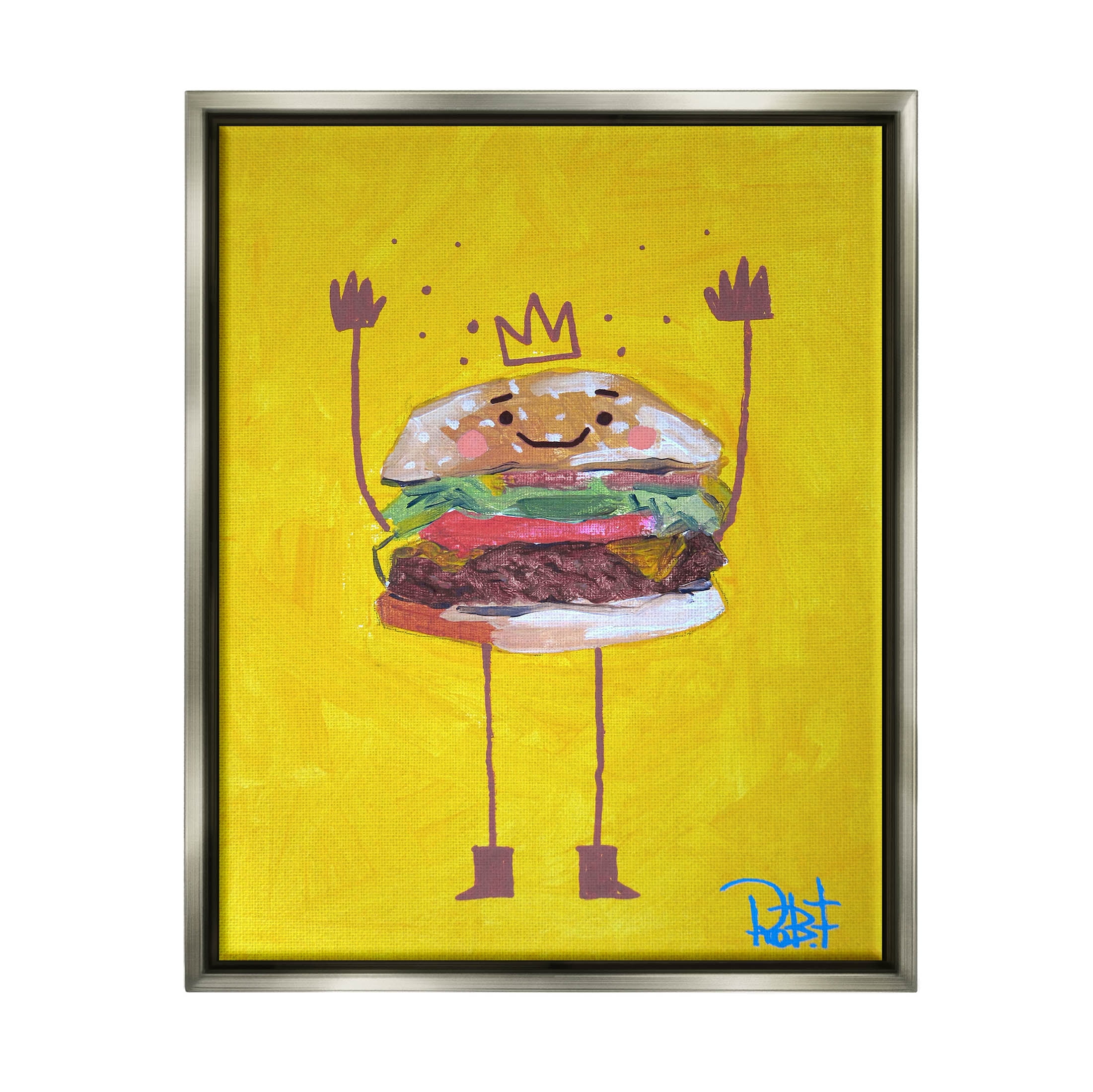 Stupell Industries Smiling Hamburger Crown Food Character Painting Luster Gray Floating Framed Canvas Print Wall Art, Design by Robert Filiuta