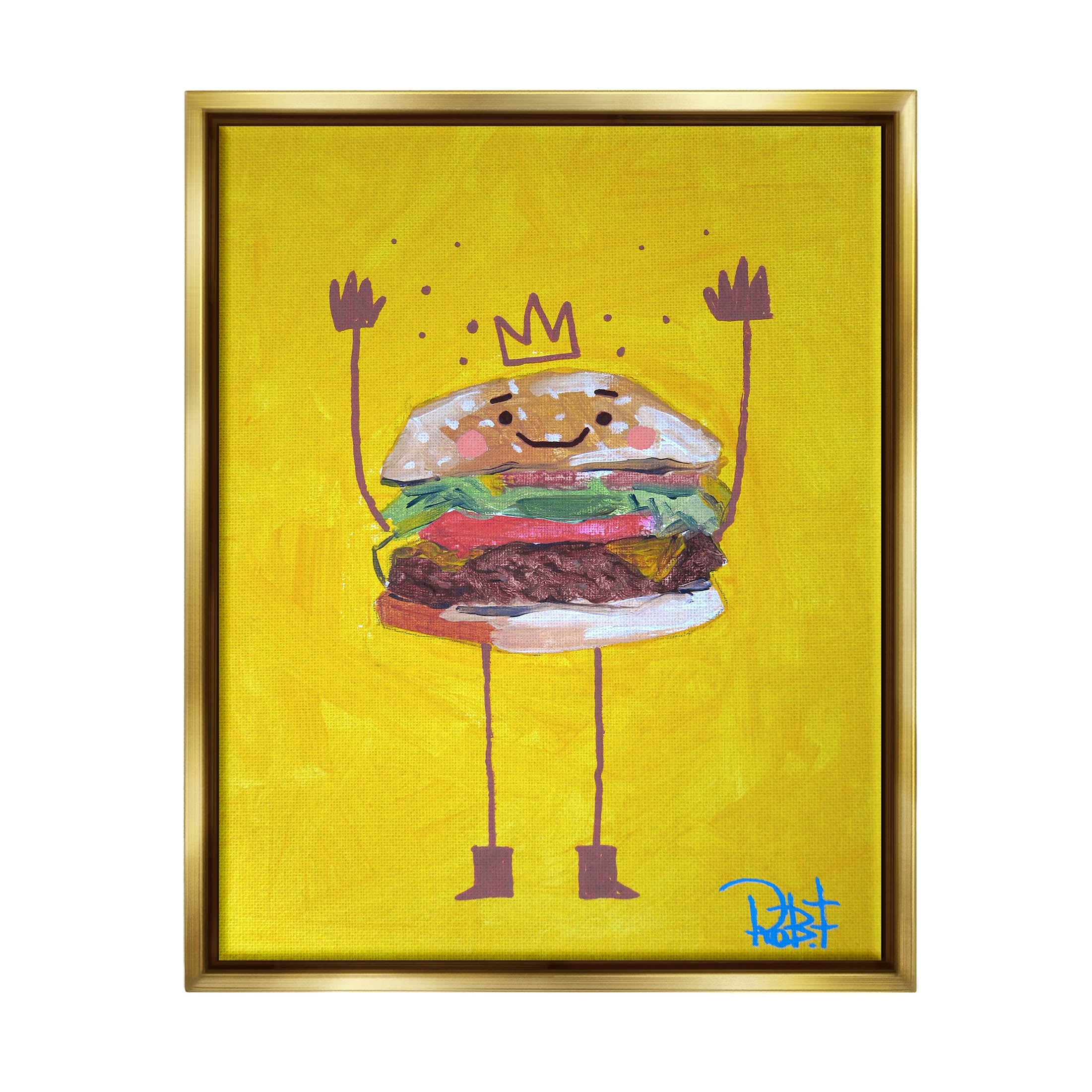 Stupell Industries Smiling Hamburger Crown Food Character Painting Metallic Gold Floating Framed Canvas Print Wall Art, Design by Robert Filiuta