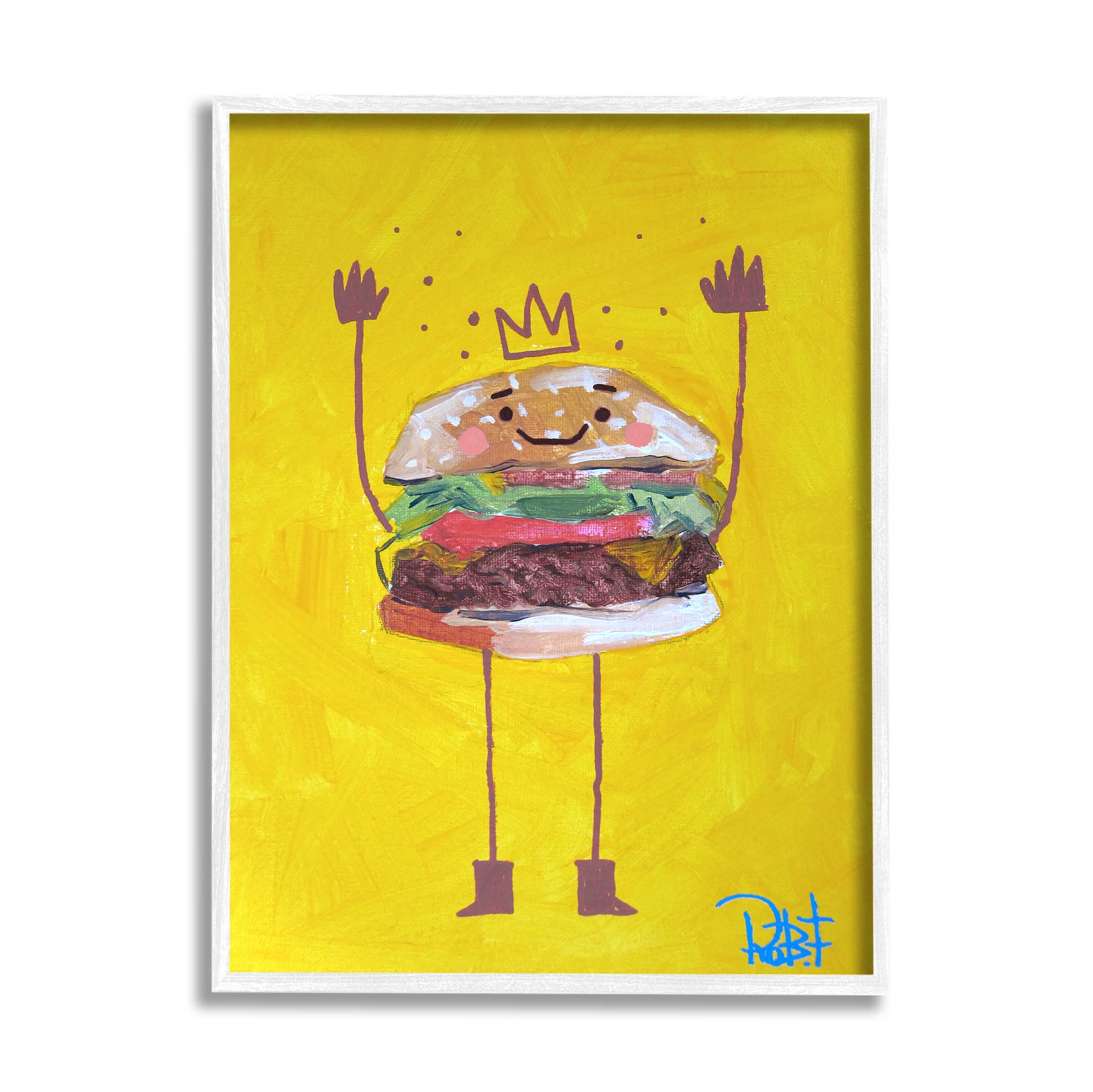 Stupell Industries Smiling Hamburger Crown Food Character Painting White Framed Art Print Wall Art, Design by Robert Filiuta