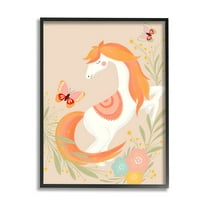 Stupell Industries Smiling Horse Floral Nature Butterflies Graphic Art Black Framed Art Print Wall Art, Design by Nikita Jariwala