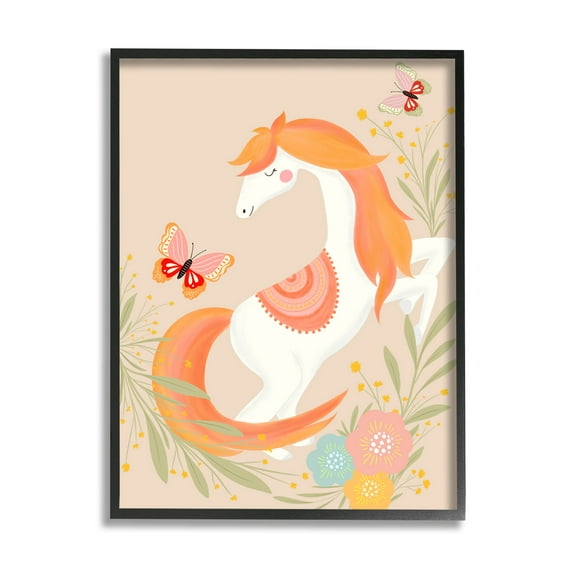 Stupell Industries Smiling Horse Floral Nature Butterflies Graphic Art Black Framed Art Print Wall Art, Design by Nikita Jariwala
