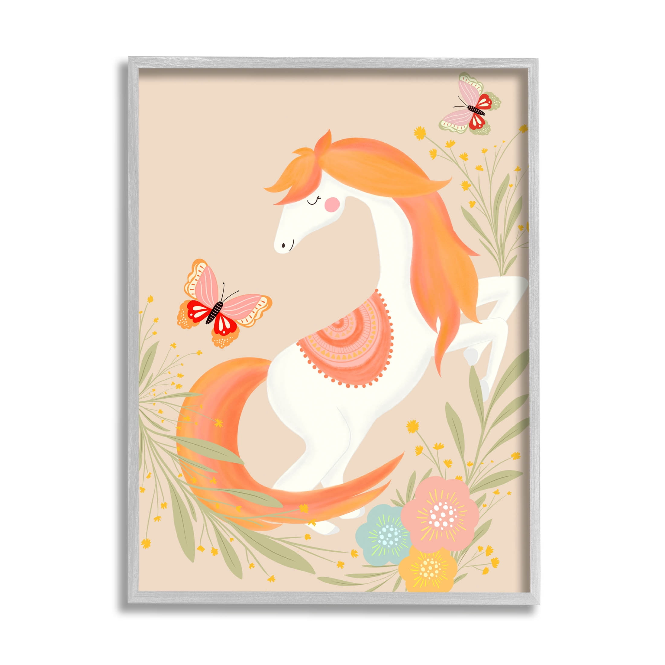 Stupell Industries Smiling Horse Floral Nature Butterflies Graphic Art Gray Framed Art Print Wall Art, Design by Nikita Jariwala