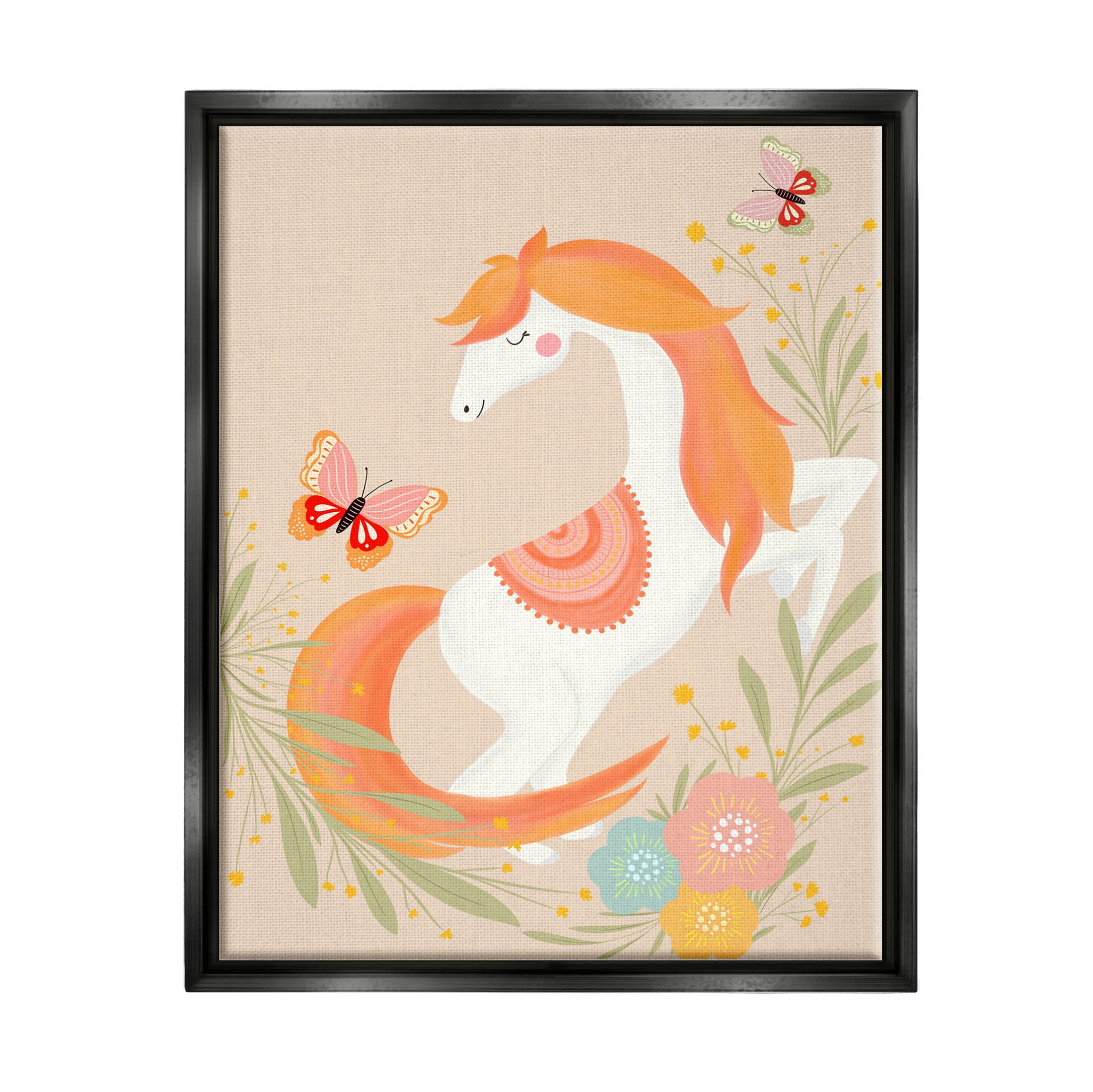 Stupell Industries Smiling Horse Floral Nature Butterflies Graphic Art Jet Black Floating Framed Canvas Print Wall Art, Design by Nikita Jariwala