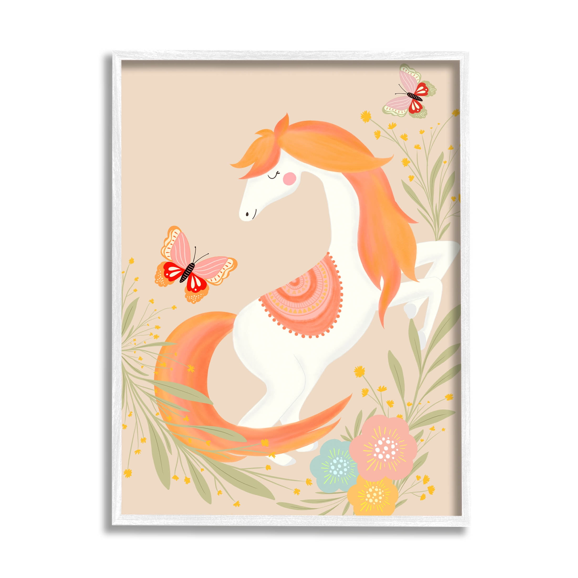 Stupell Industries Smiling Horse Floral Nature Butterflies Graphic Art White Framed Art Print Wall Art, Design by Nikita Jariwala