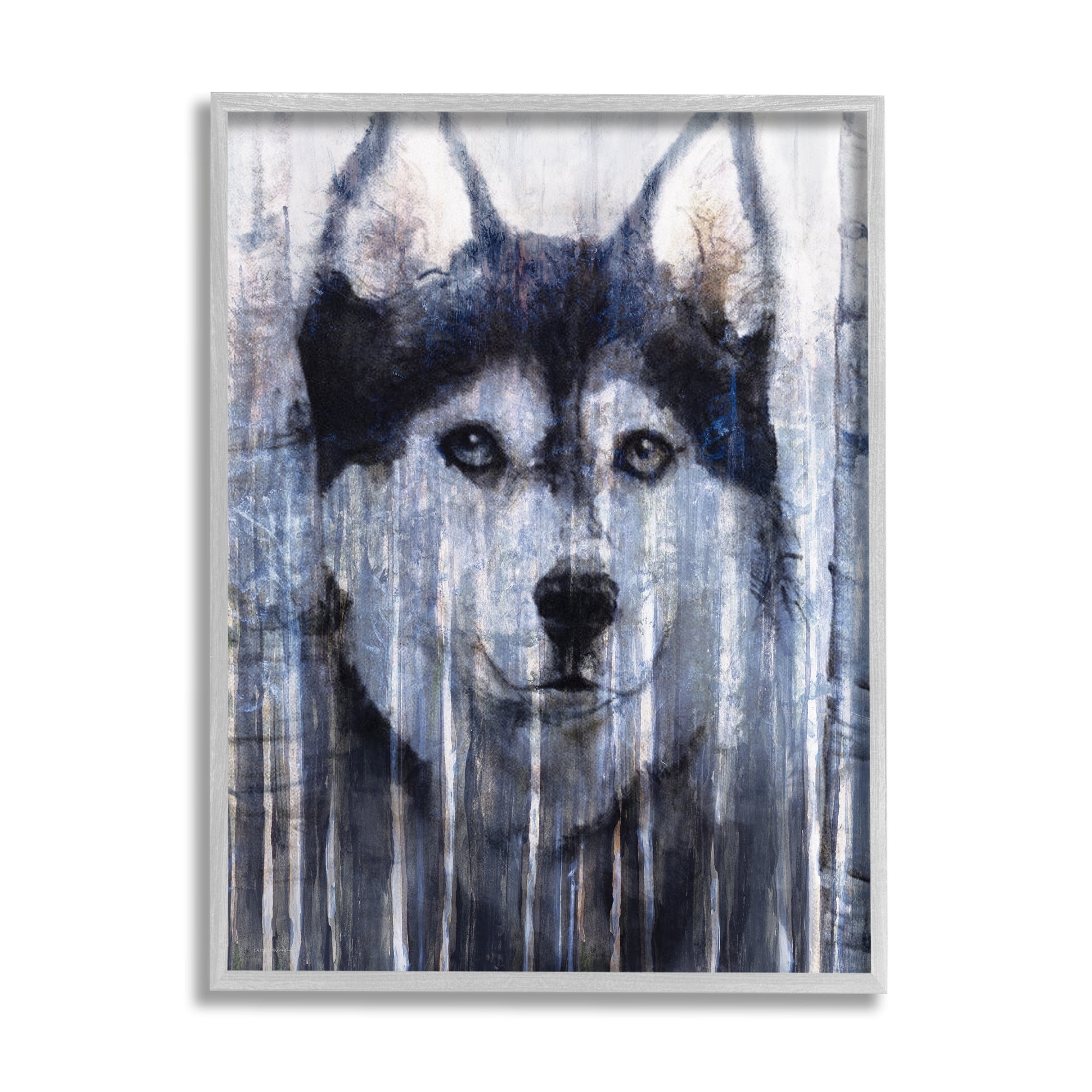 Stupell Industries Smiling Husky Dog Rustic Birch Tree Overlay Graphic Art Gray Framed Art Print Wall Art, Design by Kamdon Kreations