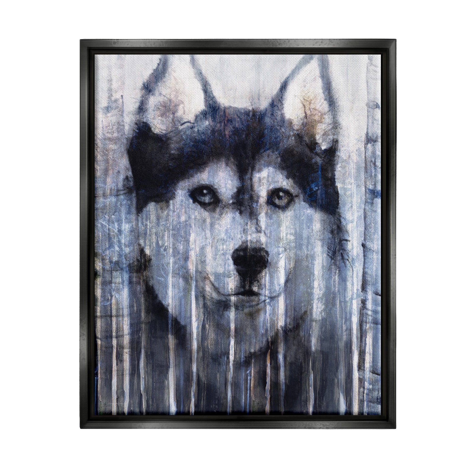 Stupell Industries Smiling Husky Dog Rustic Birch Tree Overlay Graphic Art Jet Black Floating Framed Canvas Print Wall Art, Design by Kamdon Kreations