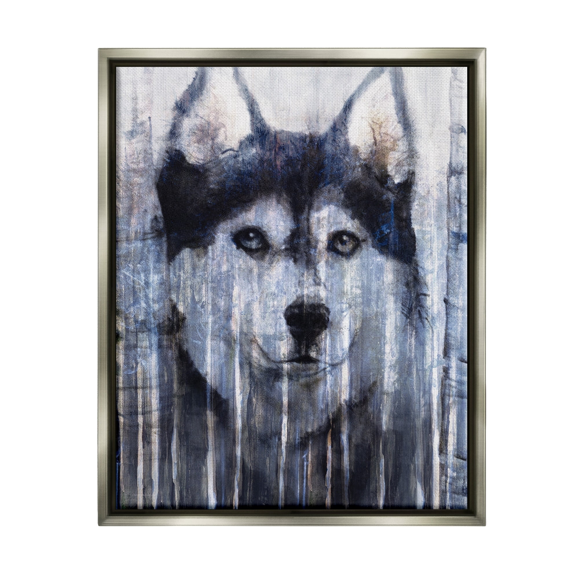Stupell Industries Smiling Husky Dog Rustic Birch Tree Overlay Graphic Art Luster Gray Floating Framed Canvas Print Wall Art, Design by Kamdon Kreations