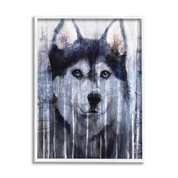 Stupell Industries Smiling Husky Dog Rustic Birch Tree Overlay Graphic Art White Framed Art Print Wall Art, Design by Kamdon Kreations