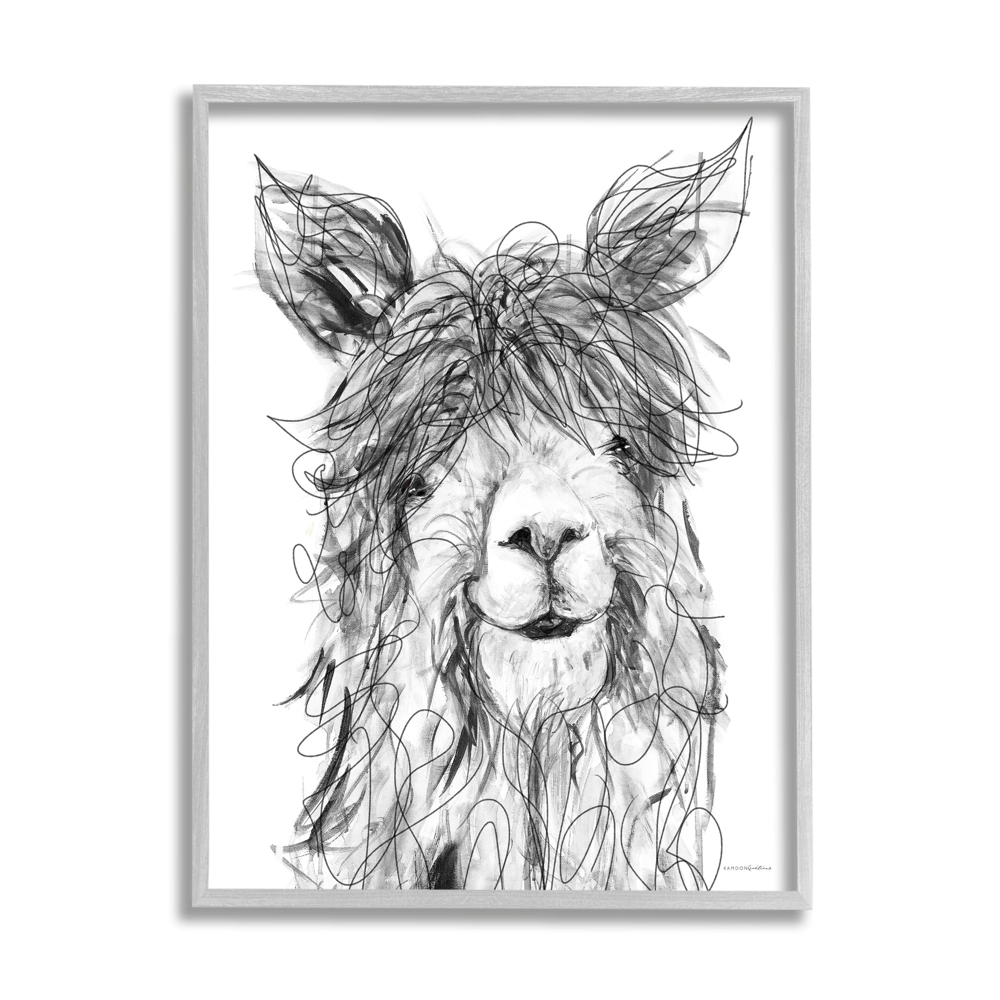 Stupell Industries Smiling Llama Alpaca Shaggy Hair Scribble Drawing Drawing Print Gray Framed Art Print Wall Art, Design by Kamdon Kreations