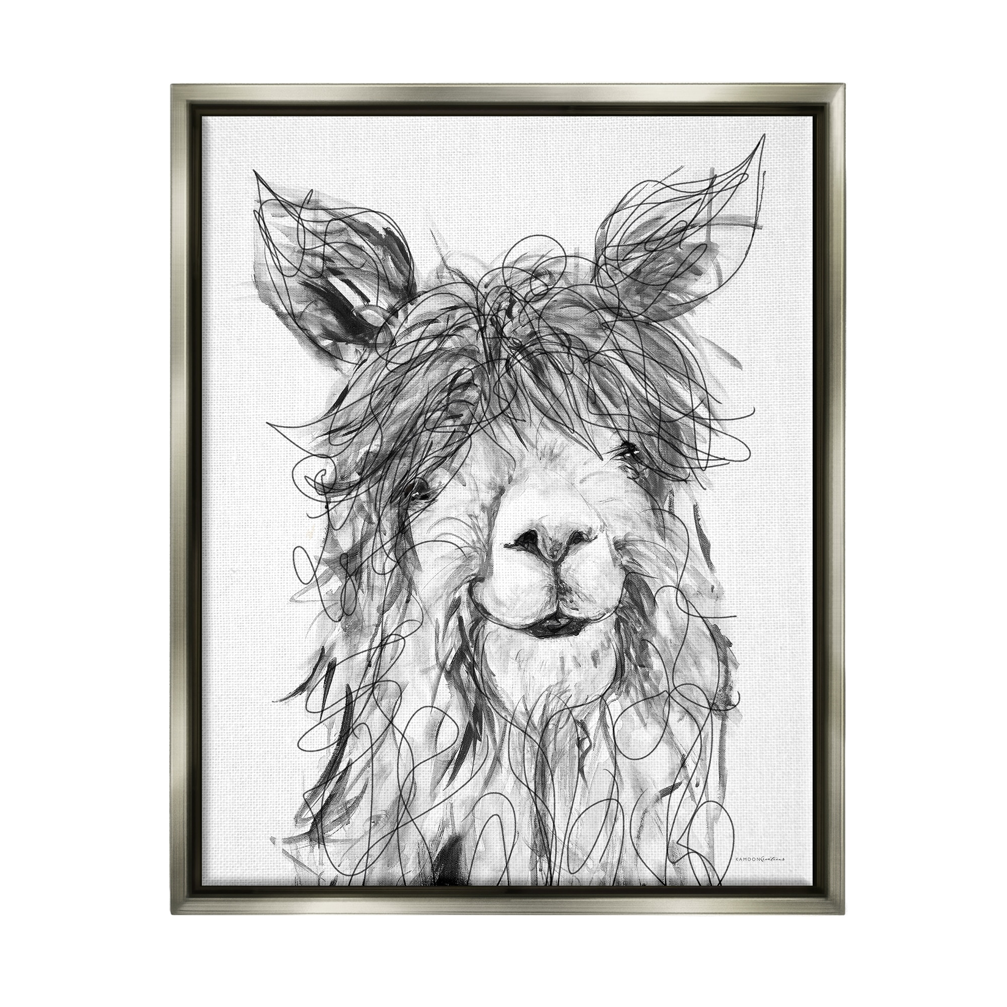 Stupell Industries Smiling Llama Alpaca Shaggy Hair Scribble Drawing Drawing Print Luster Gray Floating Framed Canvas Print Wall Art, Design by Kamdon Kreations